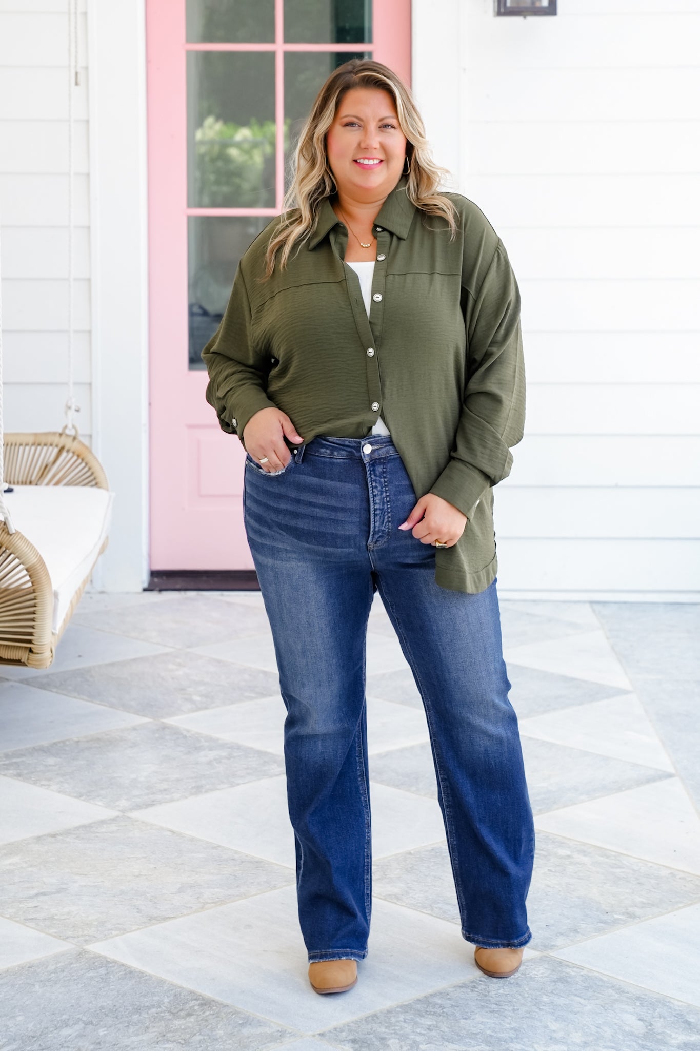 Plus/Reg Textured Long Sleeve Button Down Blouse