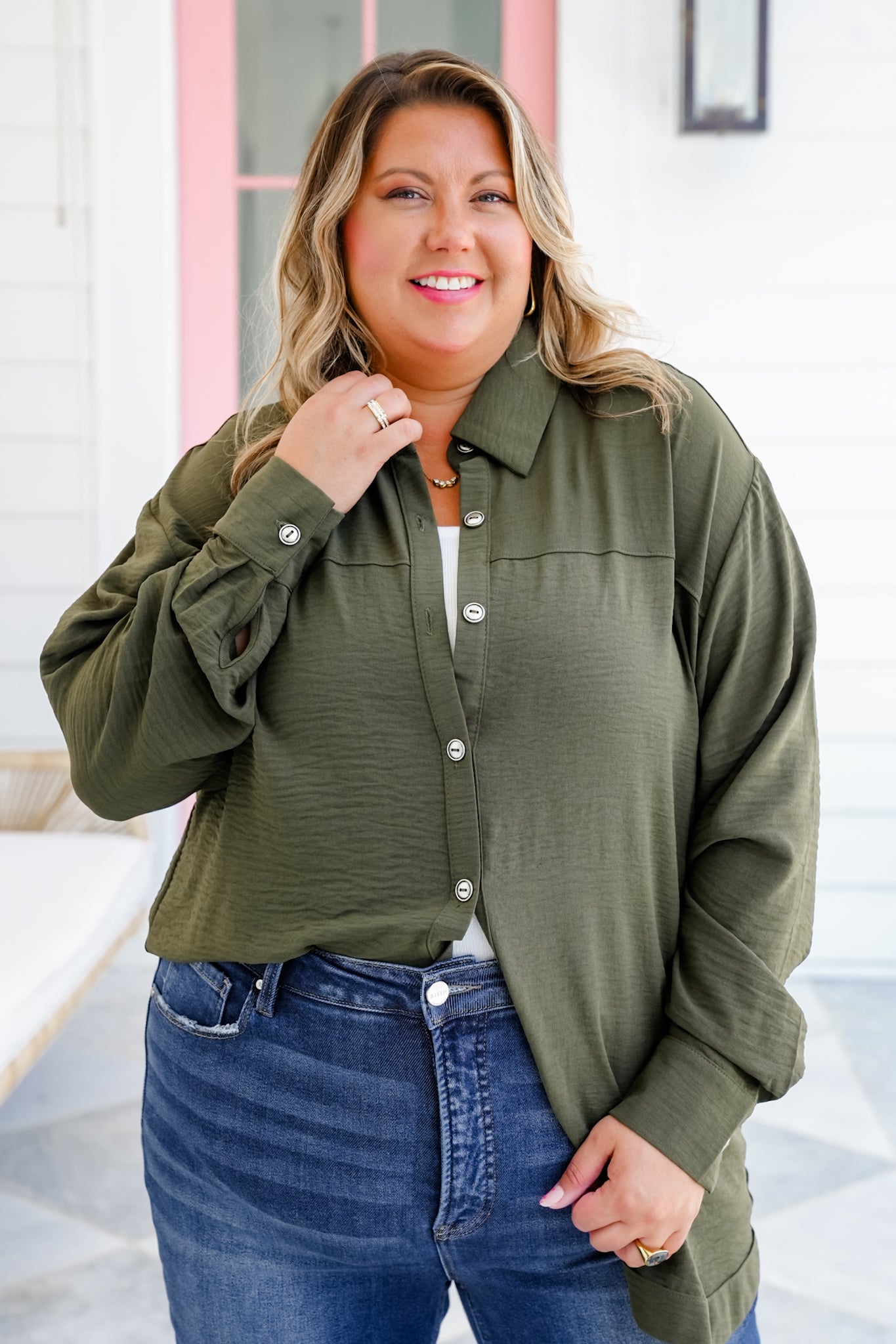 Plus/Reg Textured Long Sleeve Button Down Blouse