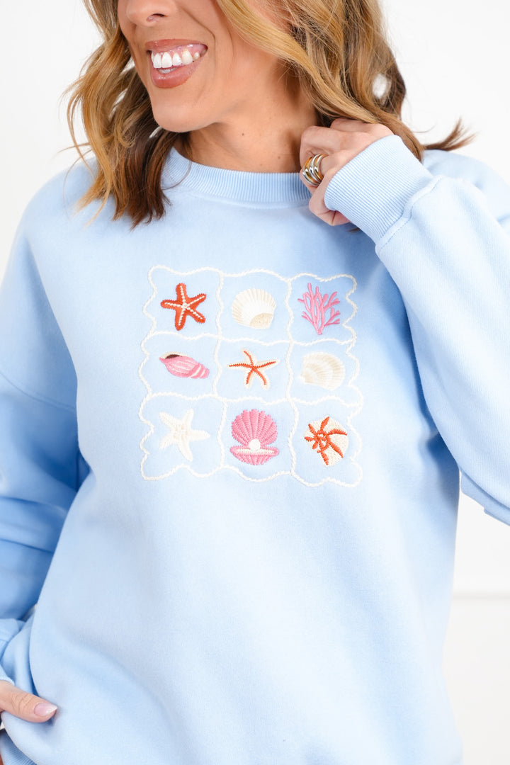 Embroidered Sea Shells Long Sleeve Pullover Sweatshirts