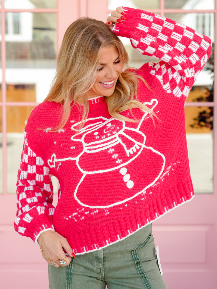 POL Long Checkered Sleeve Snowman Pullover Sweater
