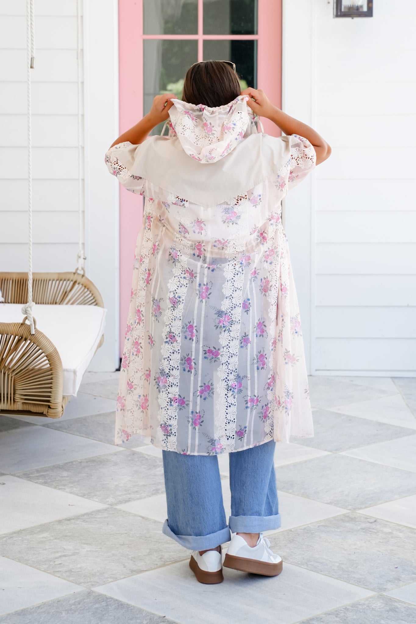 Short Sleeve Contrasted Hood Zip Up Long Jacket with Flower Detail