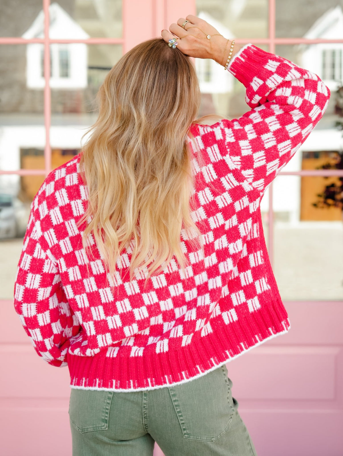 POL Long Checkered Sleeve Snowman Pullover Sweater - Freckled Poppy
