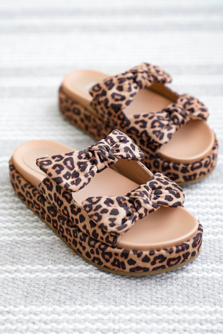 Corky's "Lil Bit Knotty" Animal Print Vegan Leather Platform Slides with Bow Accent