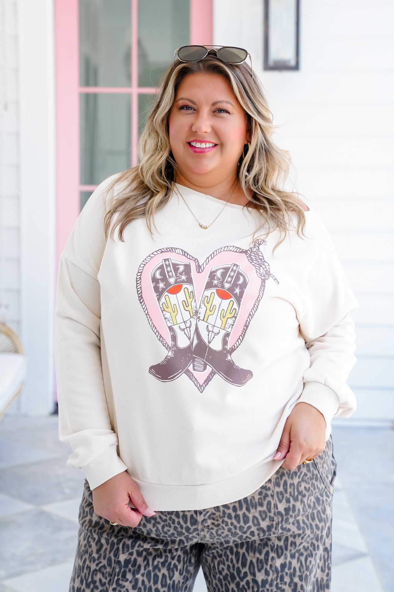 Cowboy Boot Print Long Sleeve French Terry Pullover Top