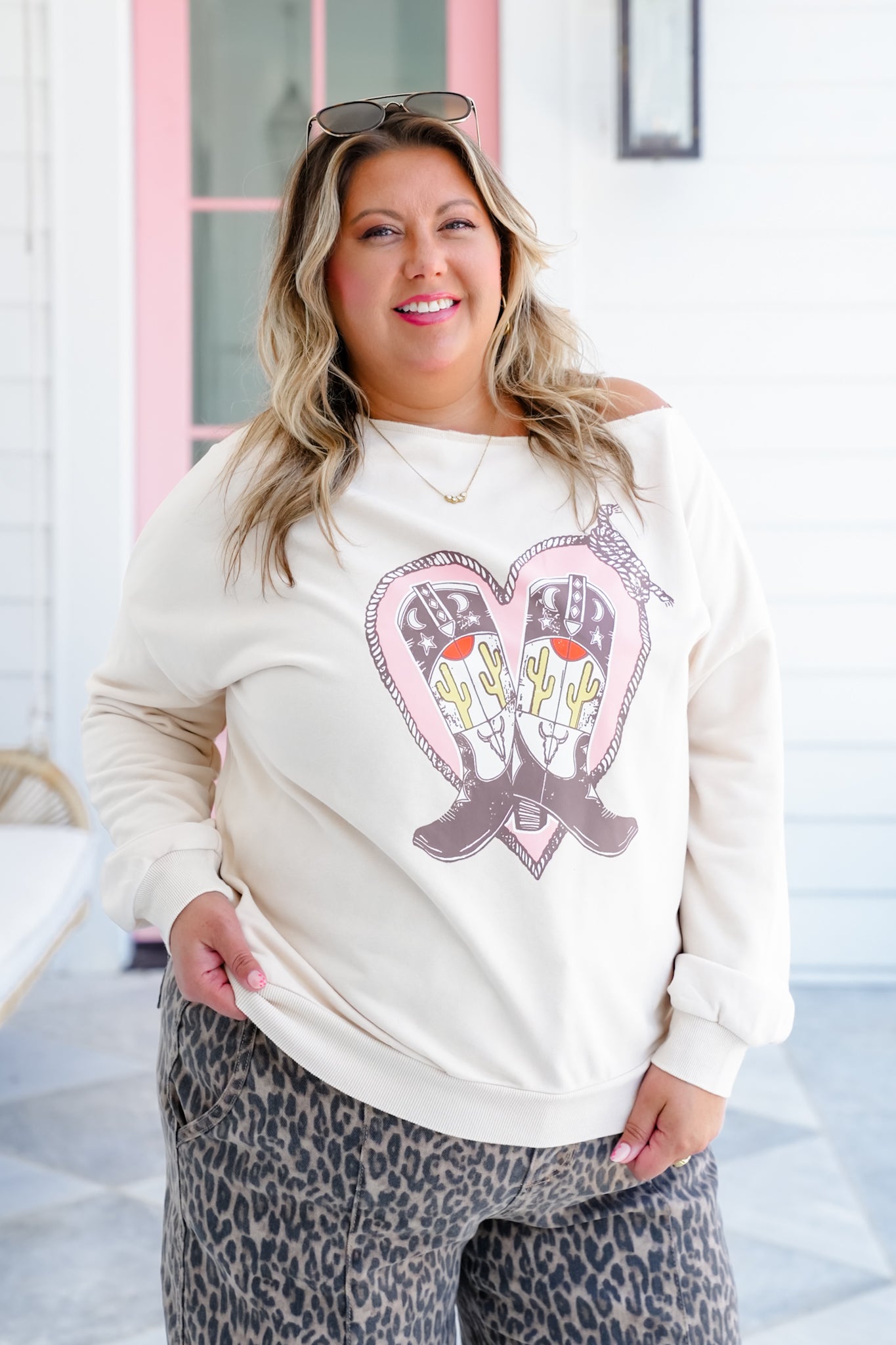 Cowboy Boot Print Long Sleeve French Terry Pullover Top