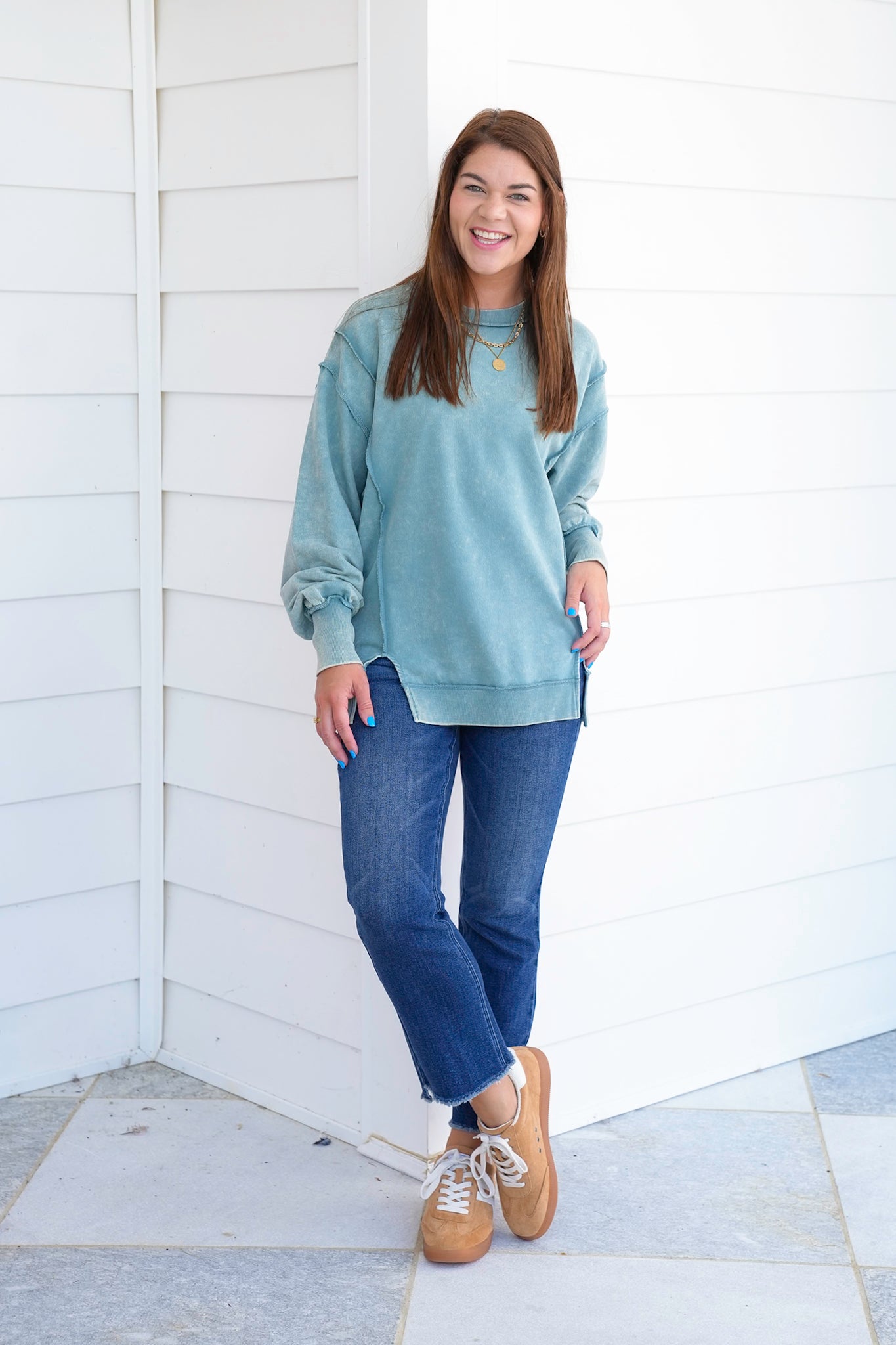Door Busters! Plus/Reg Zenana Acid Wash Terry Exposed Seam Sweatshirt