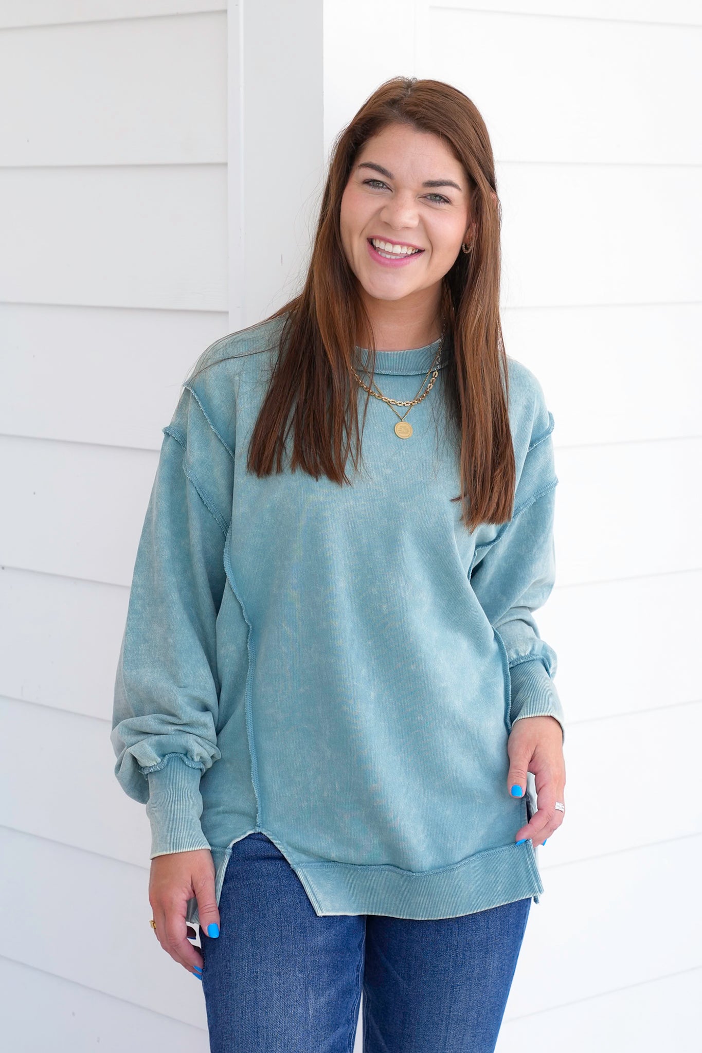 Door Busters! Plus/Reg Zenana Acid Wash Terry Exposed Seam Sweatshirt