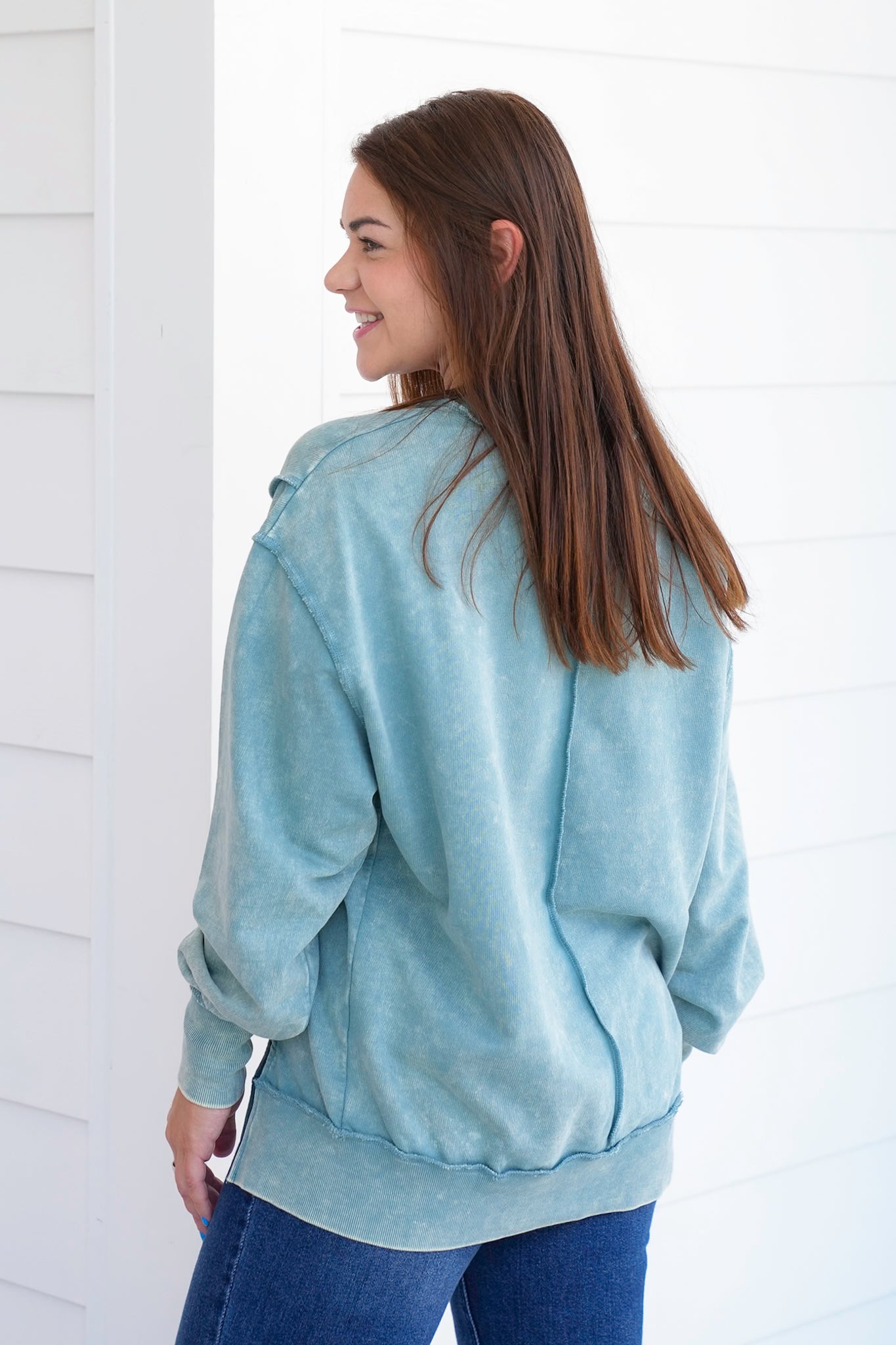 Door Busters! Plus/Reg Zenana Acid Wash Terry Exposed Seam Sweatshirt