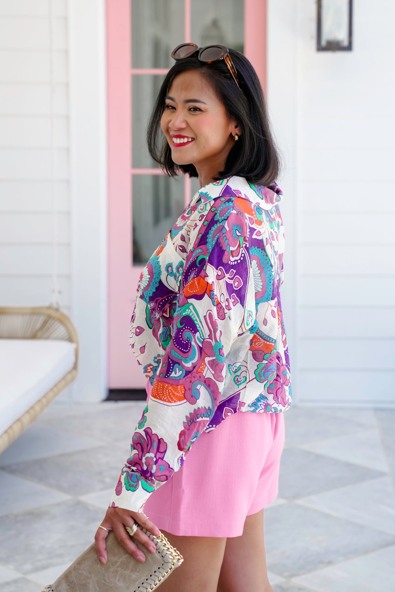 Gauze Long Sleeve Button Down Top with Multi Color Print