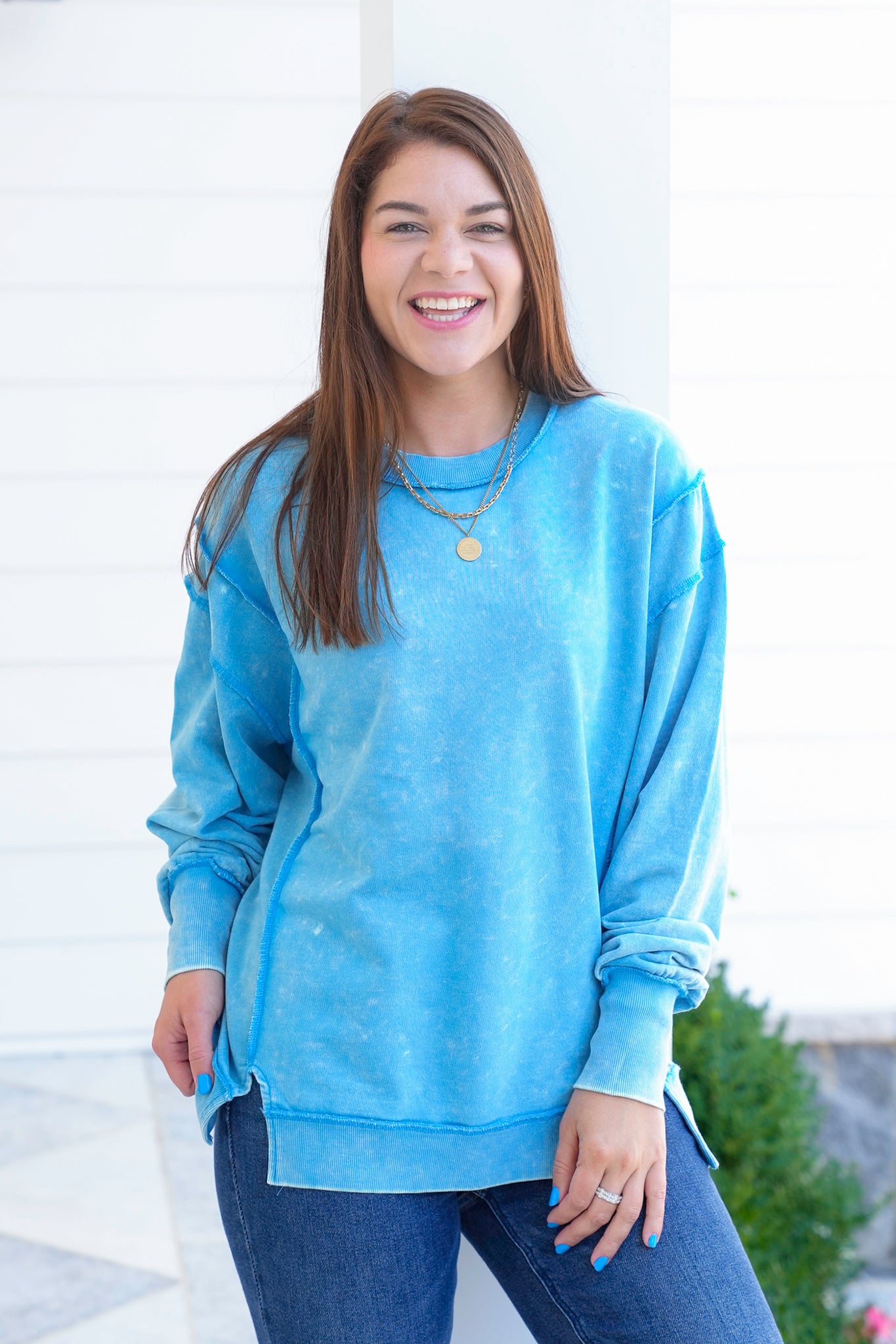 Door Busters! Plus/Reg Zenana Acid Wash Terry Exposed Seam Sweatshirt