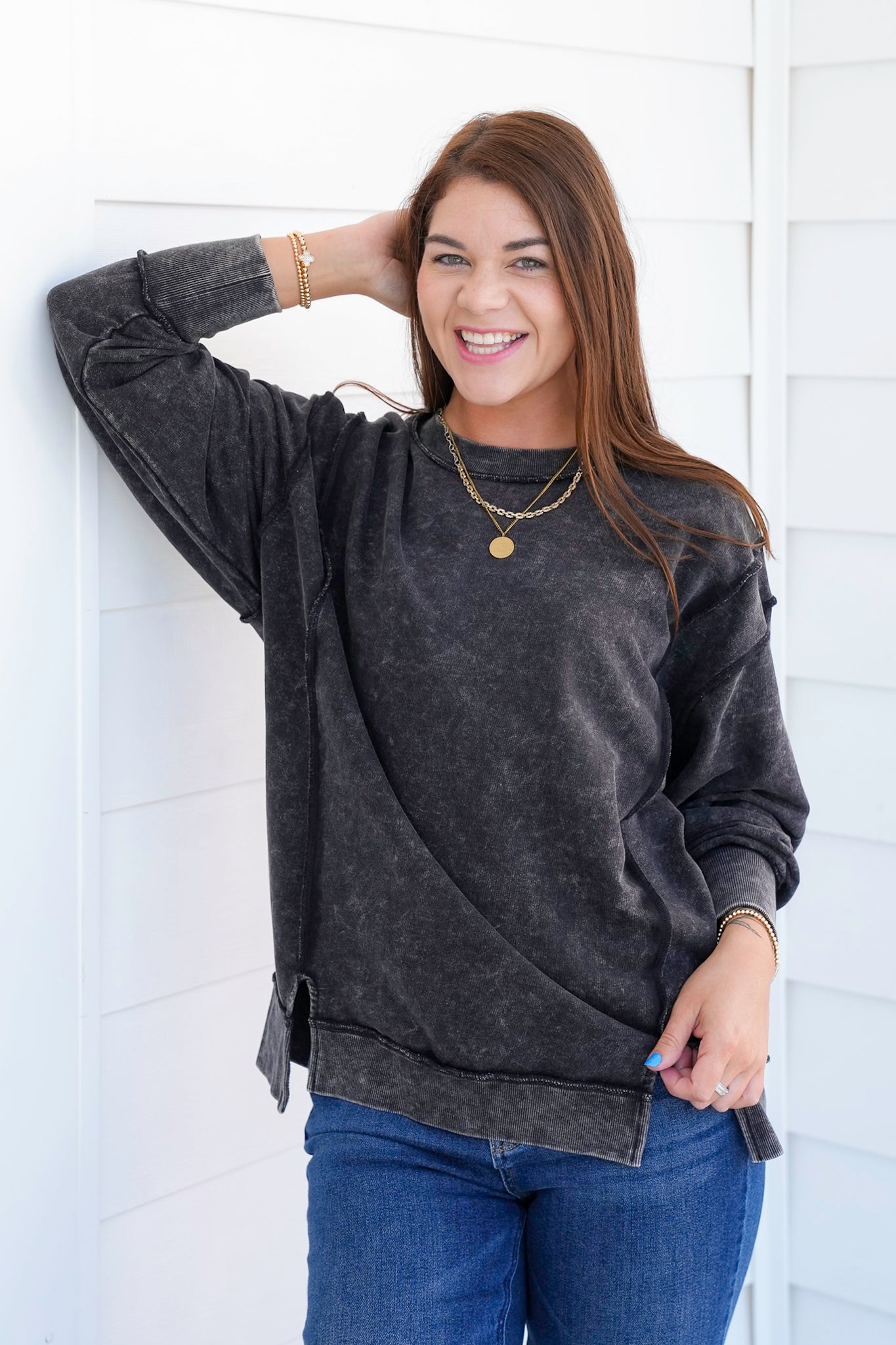 Door Busters! Plus/Reg Zenana Acid Wash Terry Exposed Seam Sweatshirt