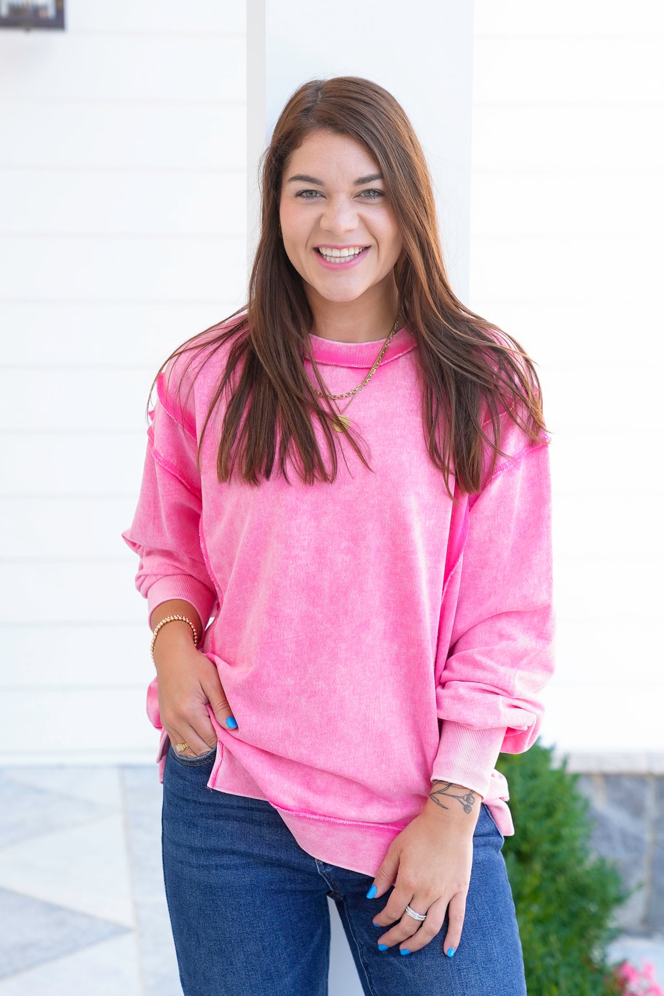 Door Busters! Plus/Reg Zenana Acid Wash Terry Exposed Seam Sweatshirt