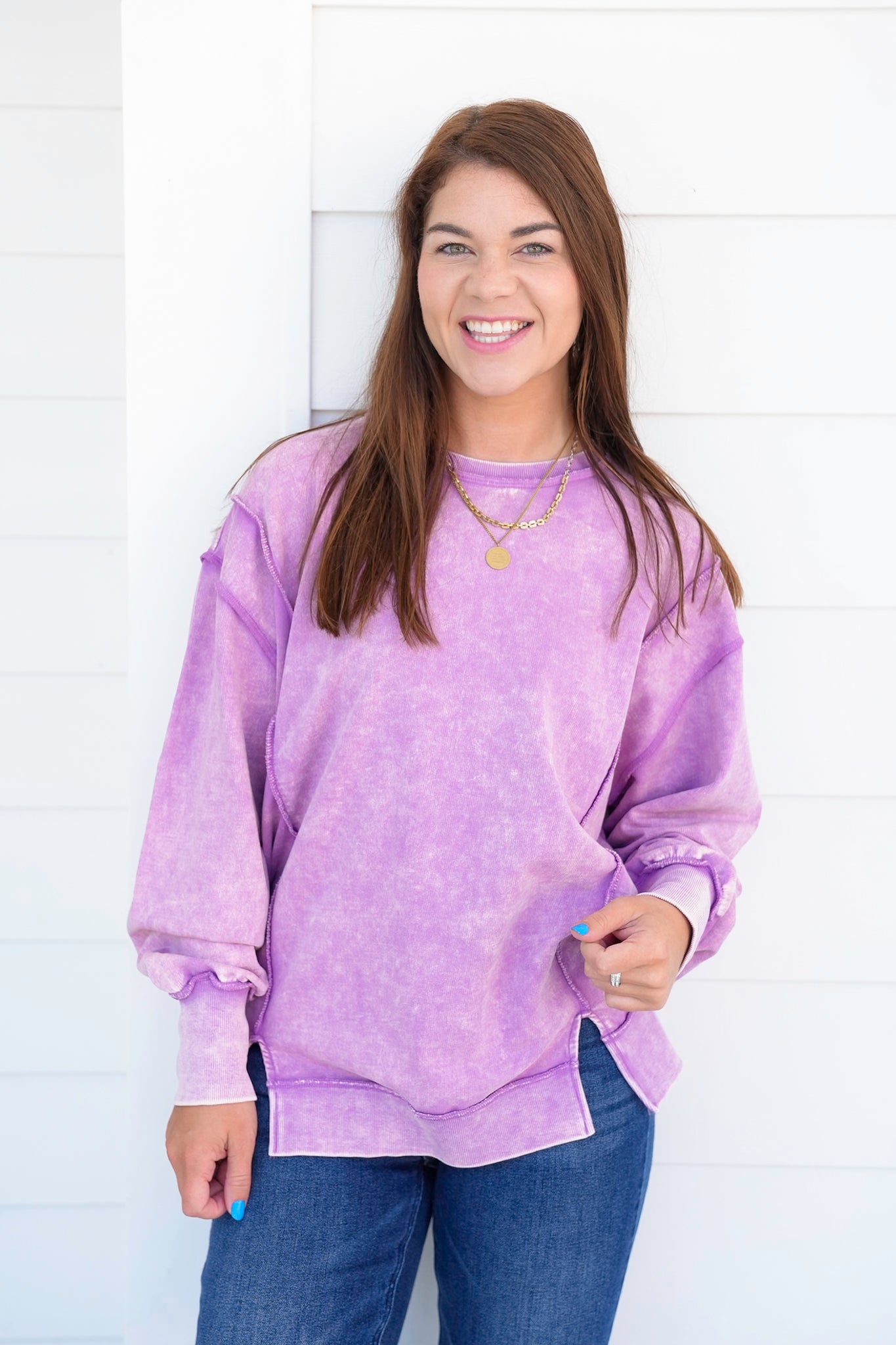Door Busters! Plus/Reg Zenana Acid Wash Terry Exposed Seam Sweatshirt