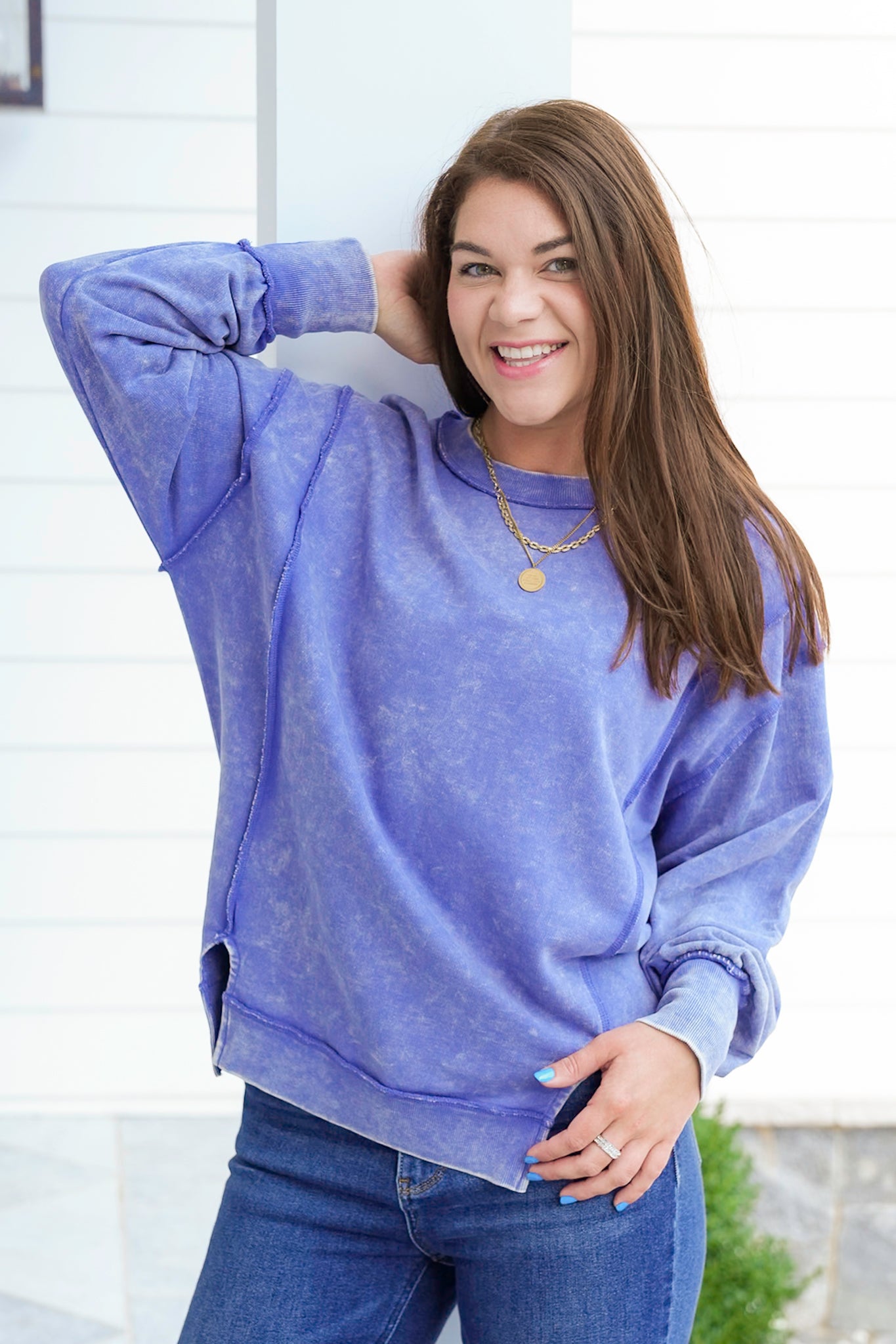 Door Busters! Plus/Reg Zenana Acid Wash Terry Exposed Seam Sweatshirt