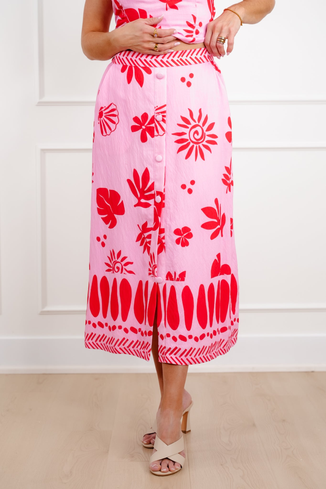 Tropical Print Button Down Midi Skirt