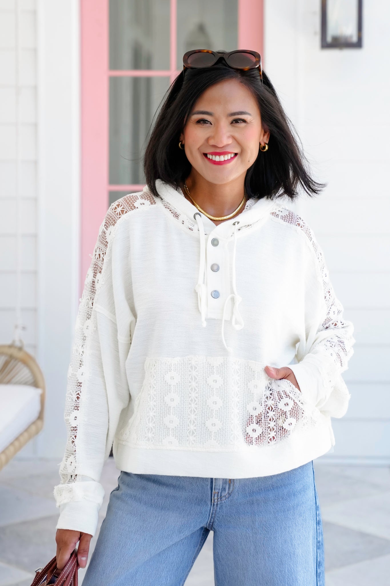 Ivory Long Sleeve Hoodie Top with Front Kangaroo Pocket
