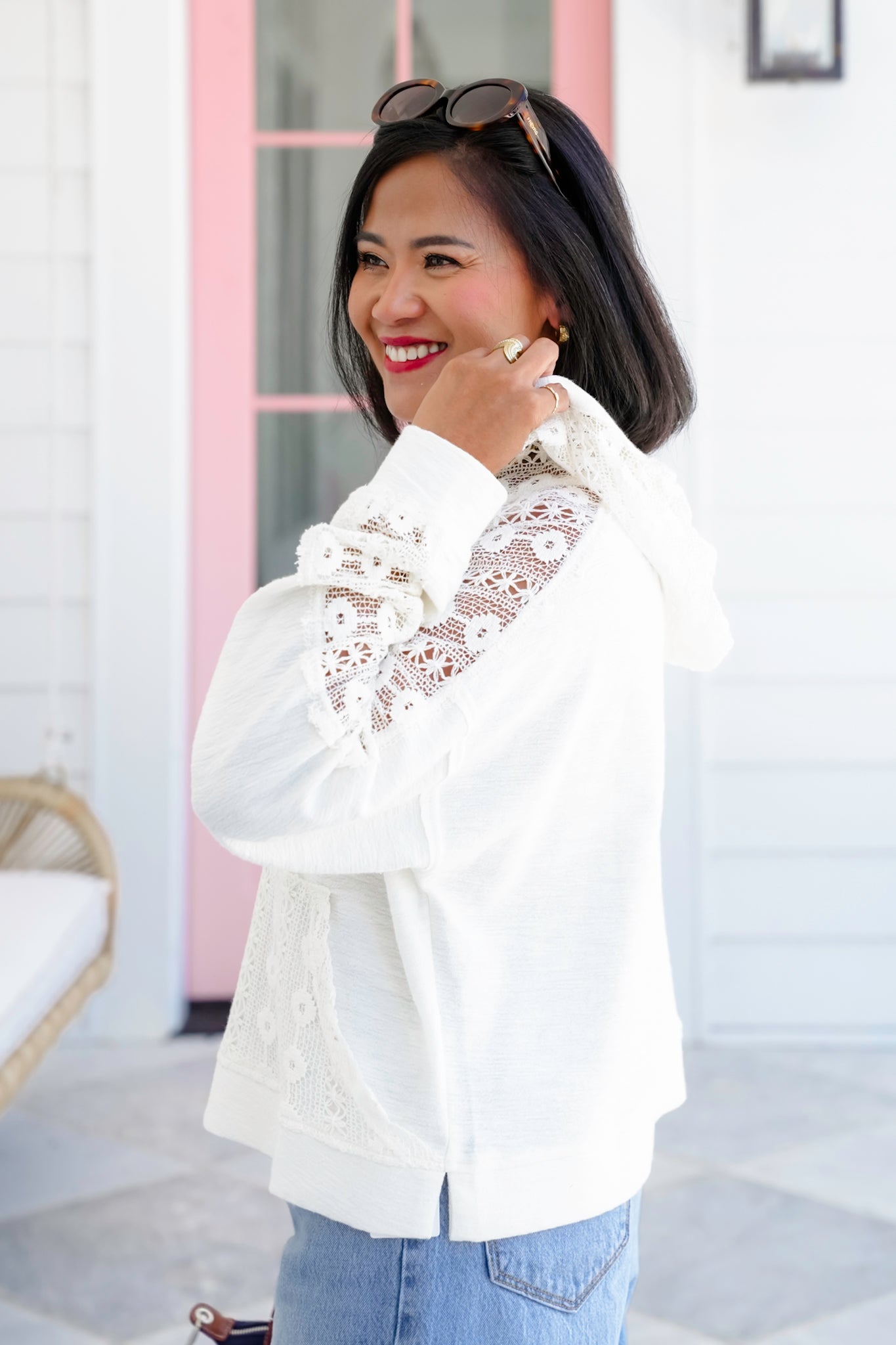 Ivory Long Sleeve Hoodie Top with Front Kangaroo Pocket