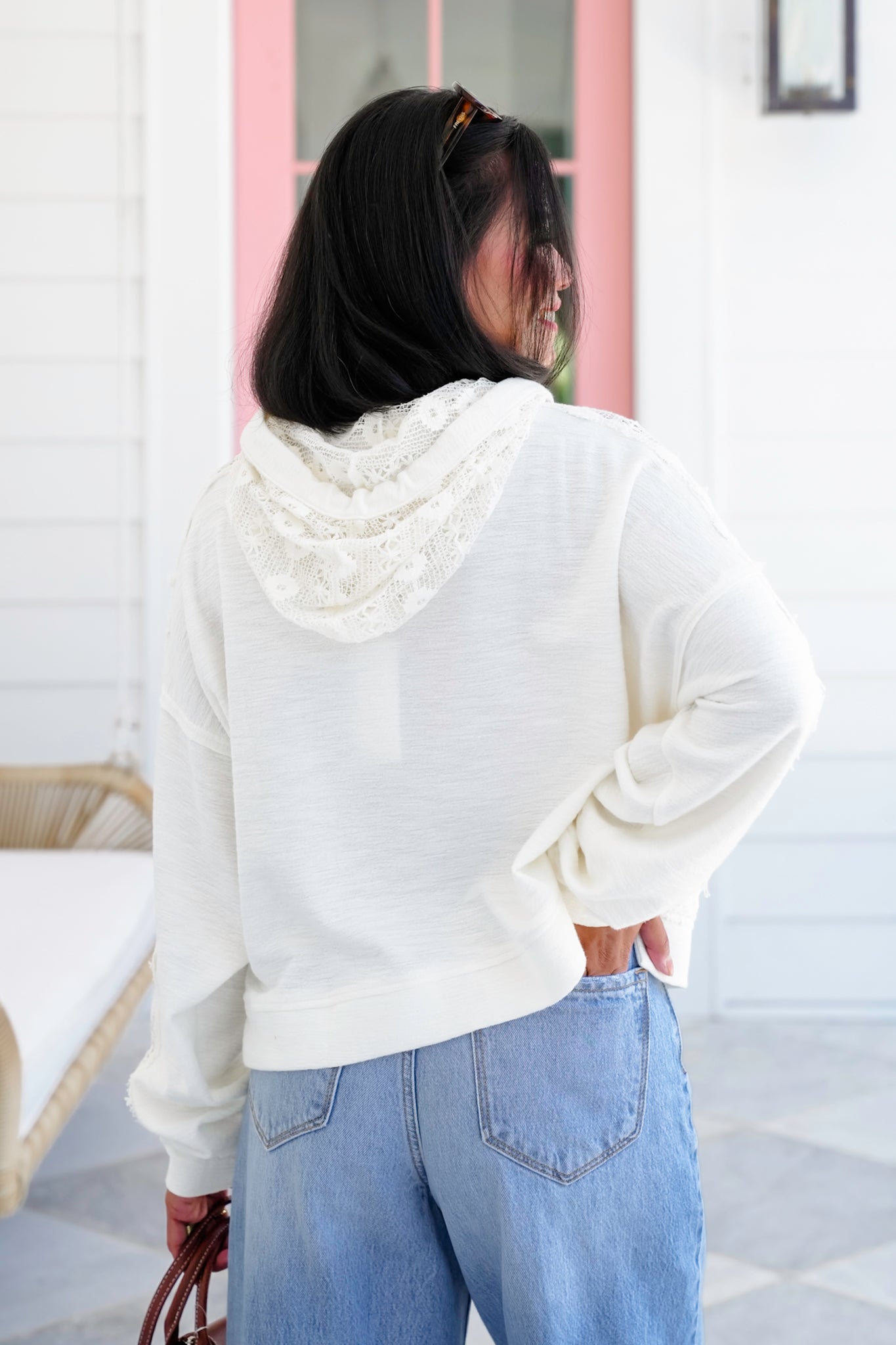 Ivory Long Sleeve Hoodie Top with Front Kangaroo Pocket