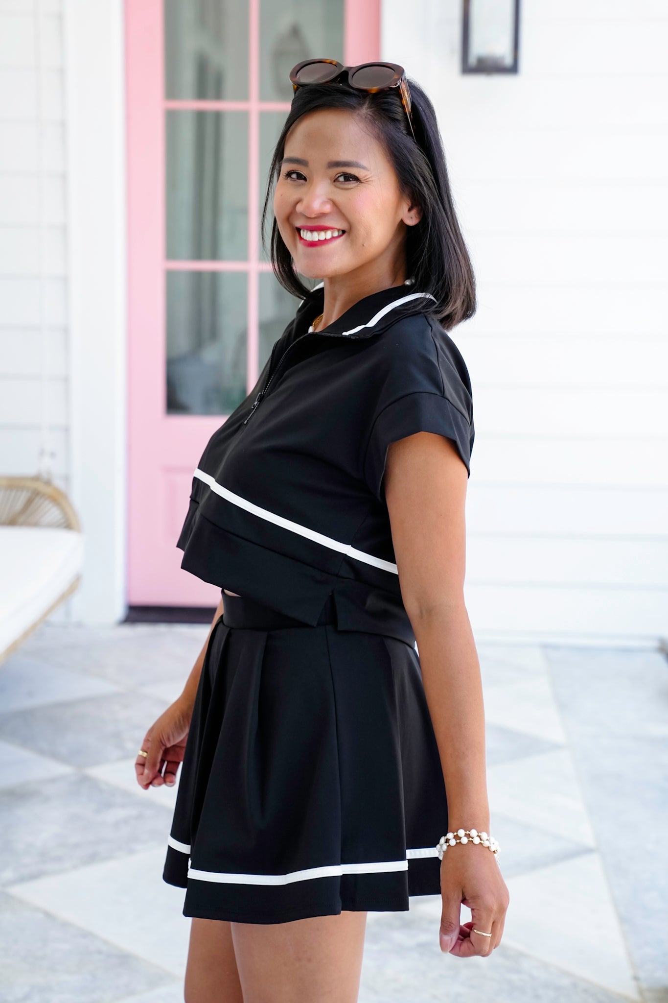 Black Short Sleeve Half-Zip Crop Top
