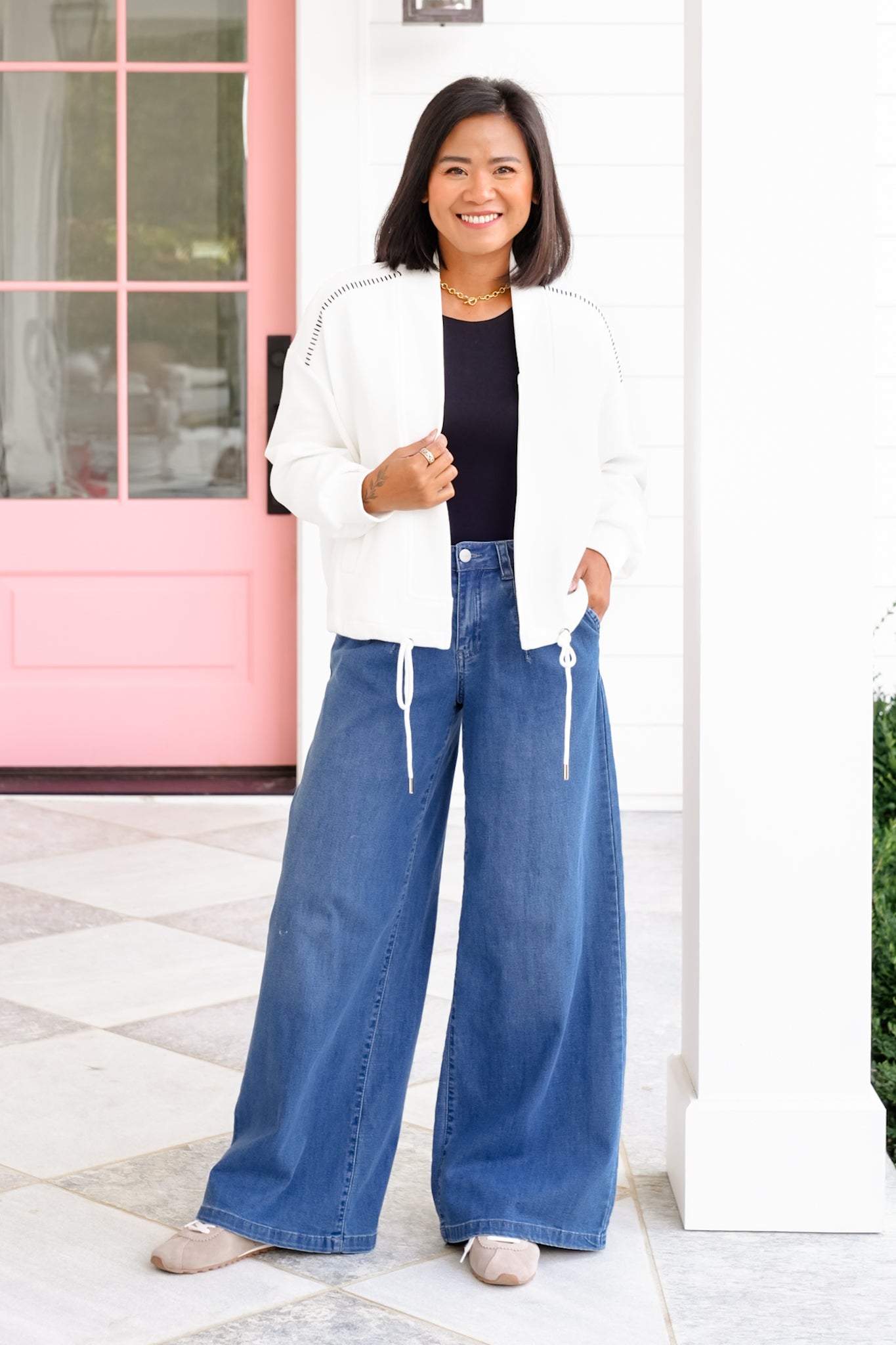 Plus/Reg Long Sleeve Open Front Jacket with Stitching