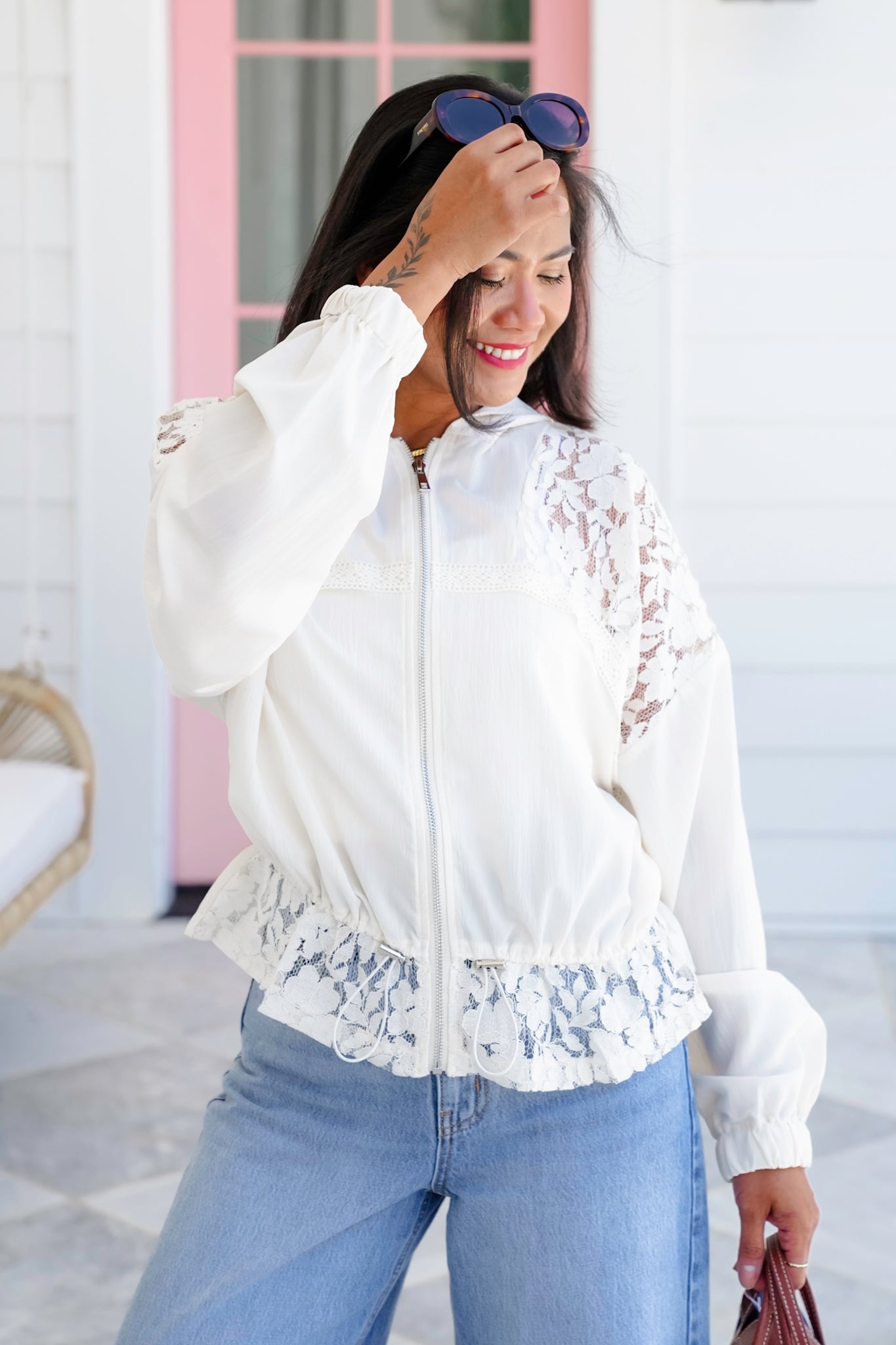 Cream Long Sleeve Zip Up Hoodie Jacket with Lace Detail