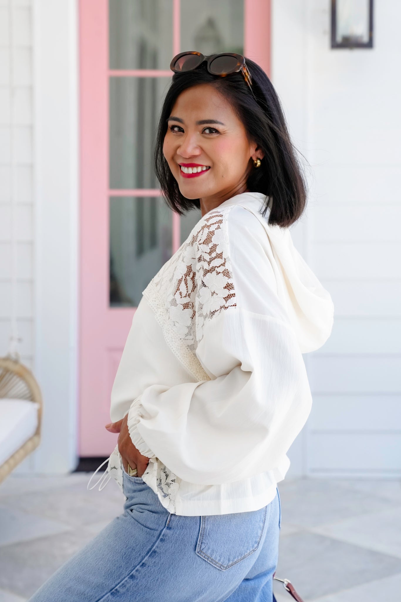 Cream Long Sleeve Zip Up Hoodie Jacket with Lace Detail