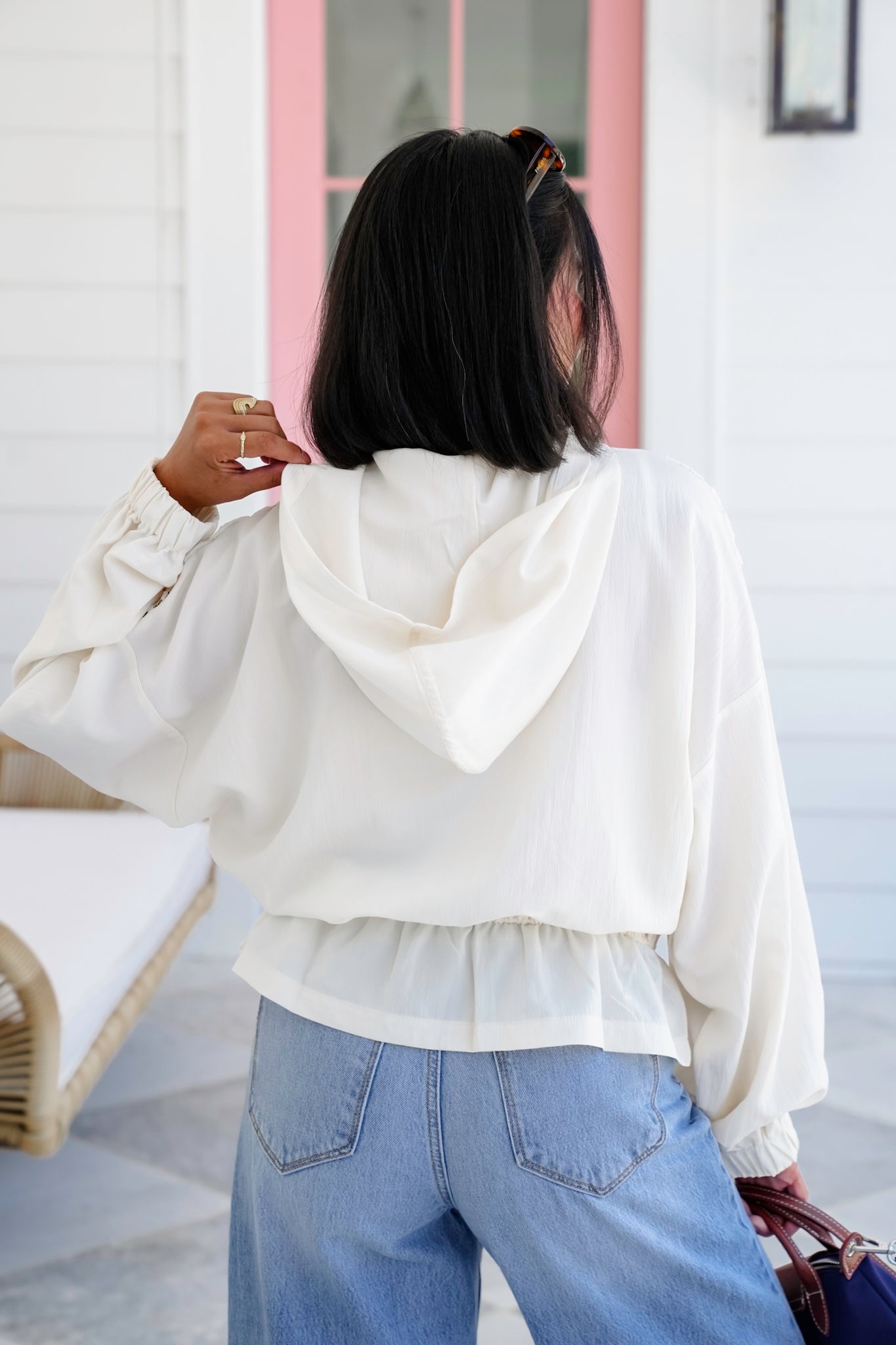 Cream Long Sleeve Zip Up Hoodie Jacket with Lace Detail