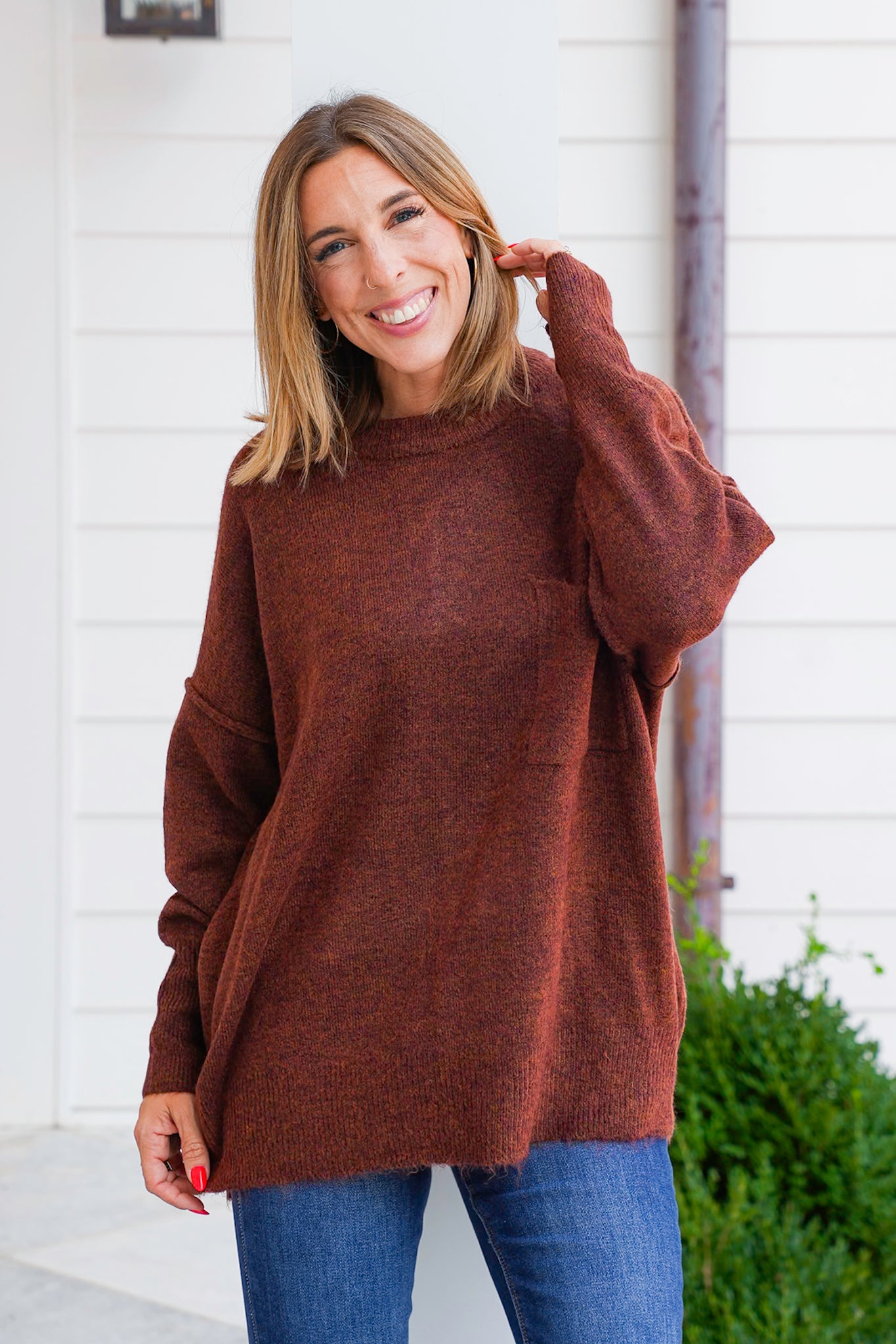 Door Buster! Zenana Melange Hi Low Hem Pocket Sweater