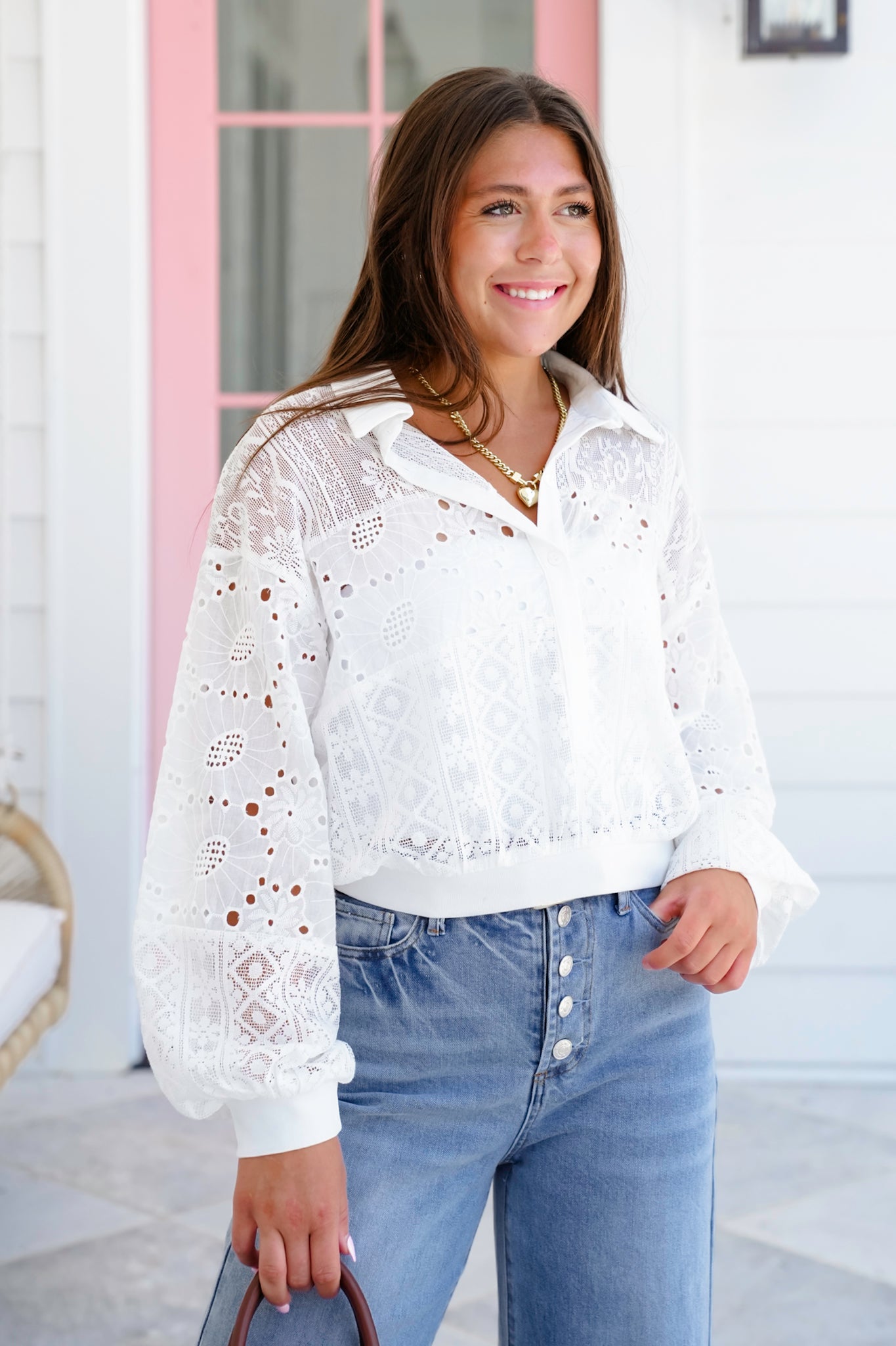 White Long Sleeve Half Button Up Top with Lace Detail