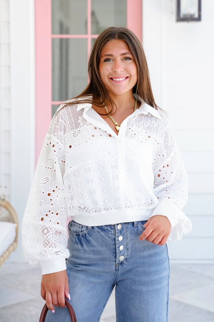 White Long Sleeve Half Button Up Top with Lace Detail