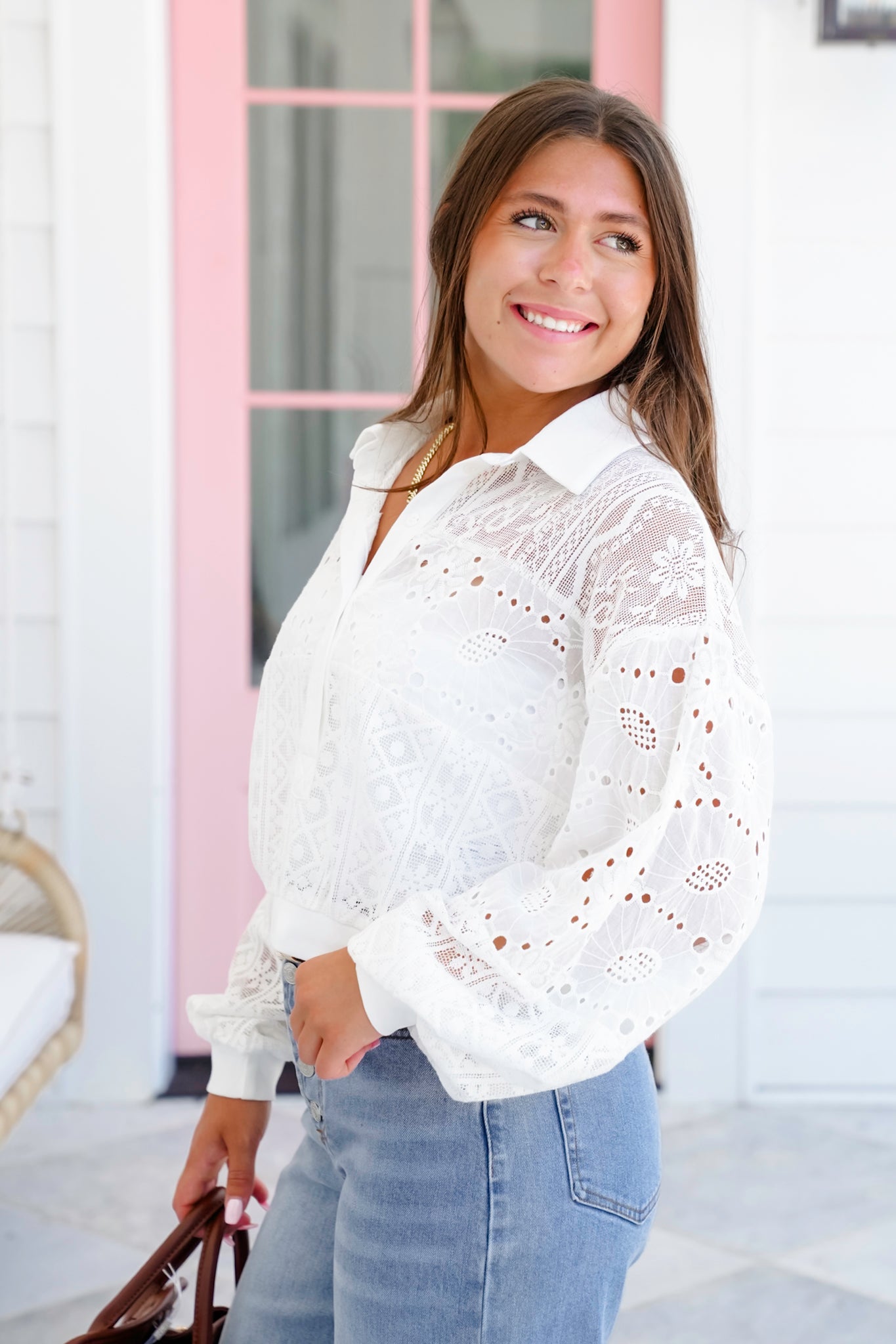 White Long Sleeve Half Button Up Top with Lace Detail