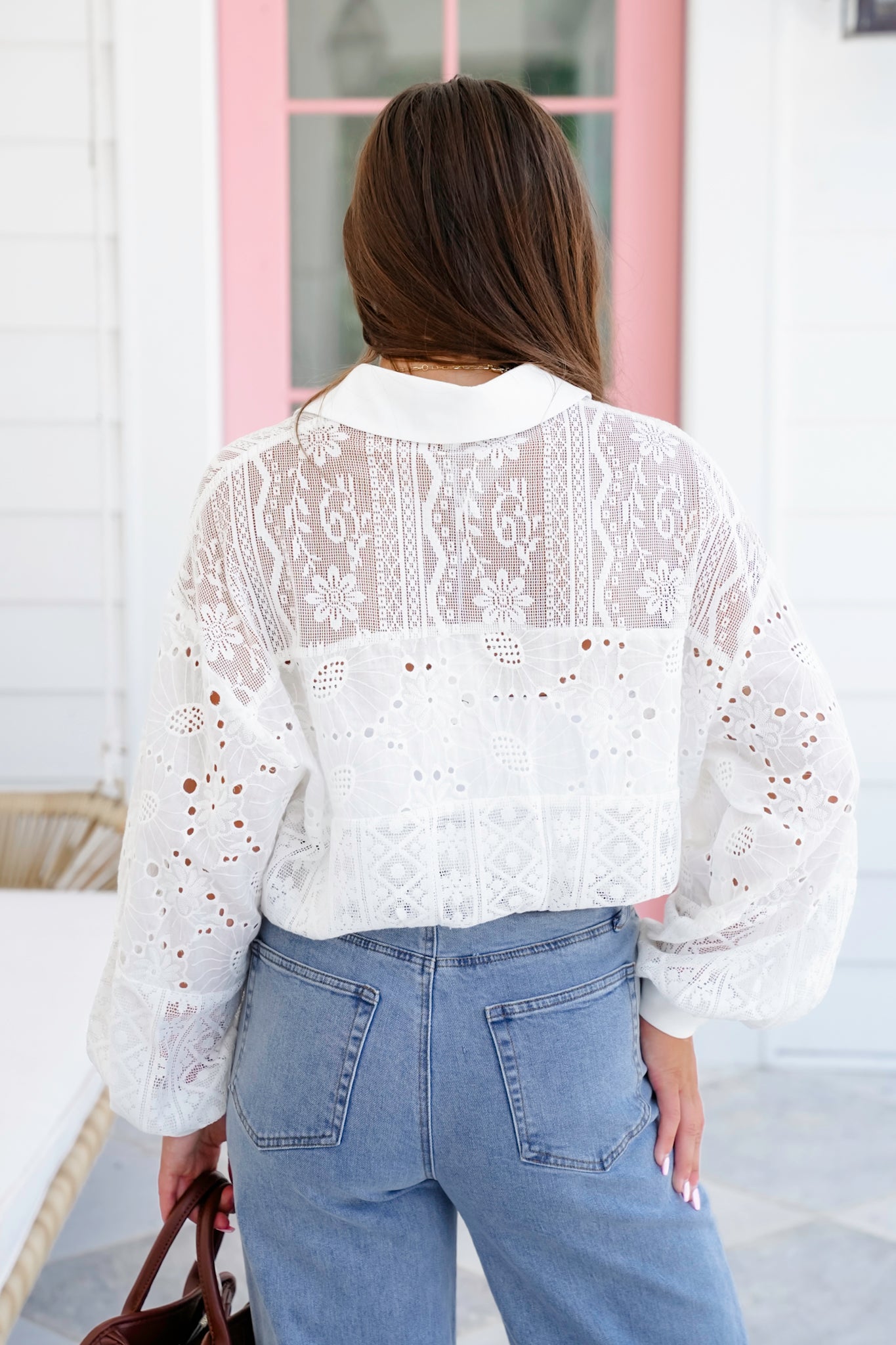 White Long Sleeve Half Button Up Top with Lace Detail