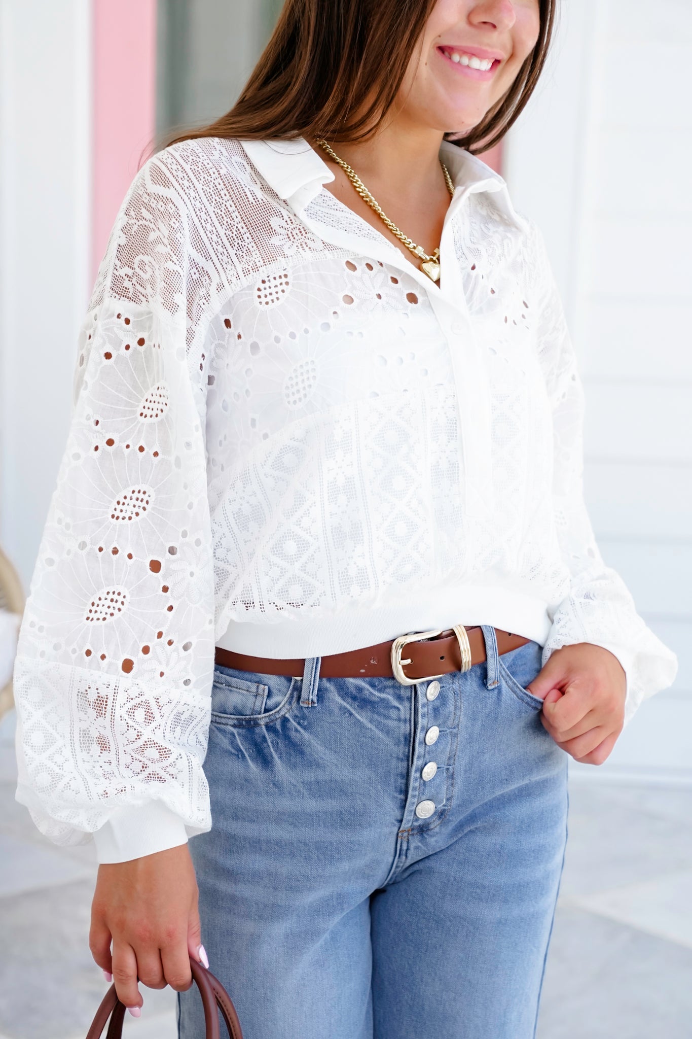 White Long Sleeve Half Button Up Top with Lace Detail
