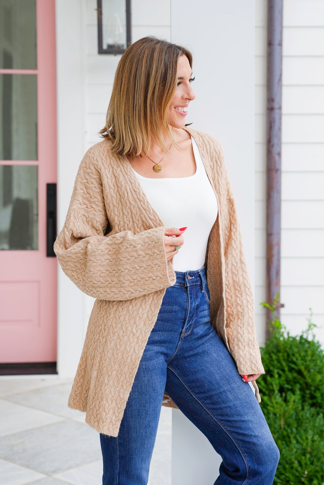 POL Cable Knit Long Sleeve Cardigan with Adjustable Drawstring