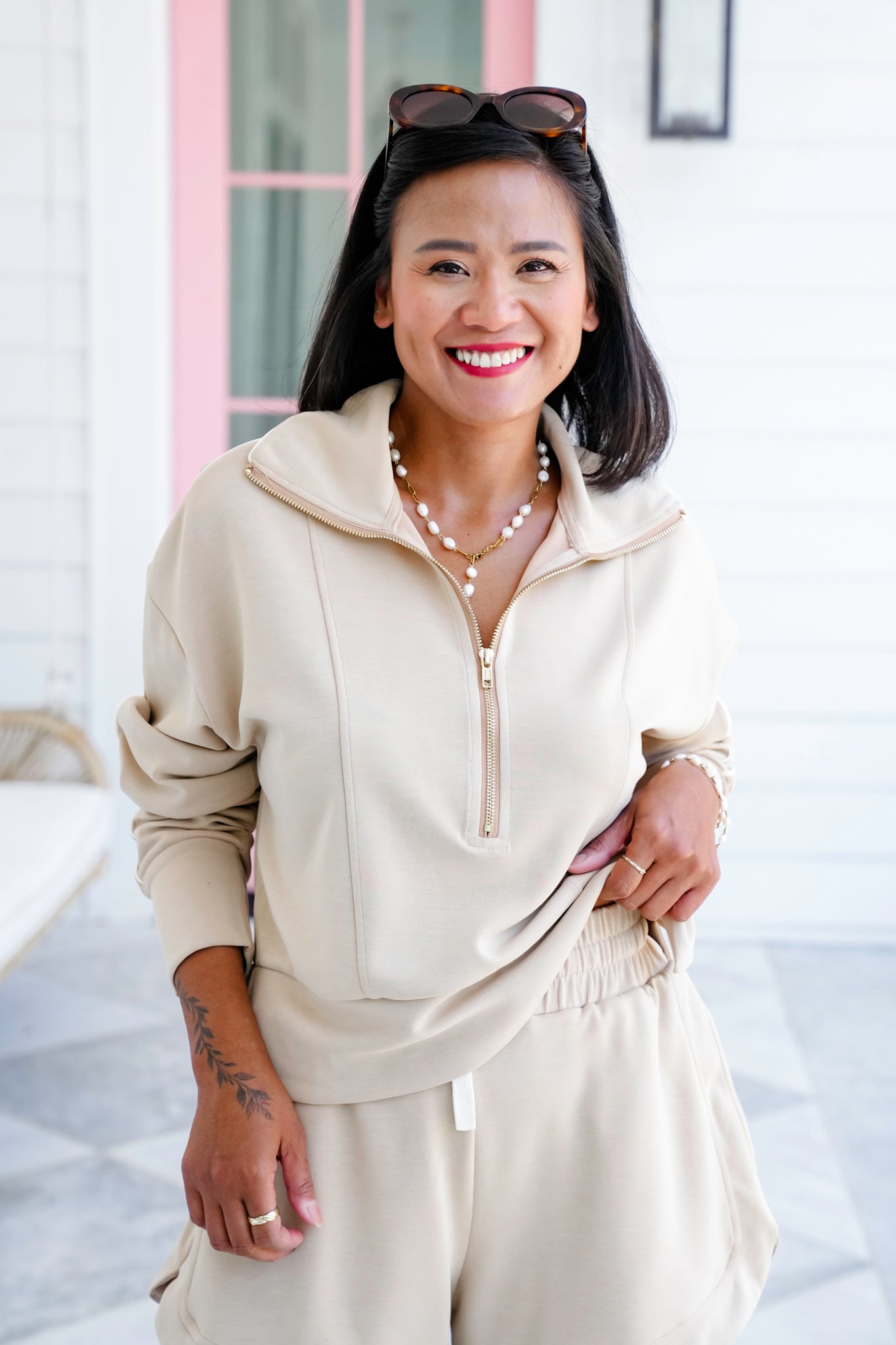 Beige Long Sleeve Half-Zip Pullover Top