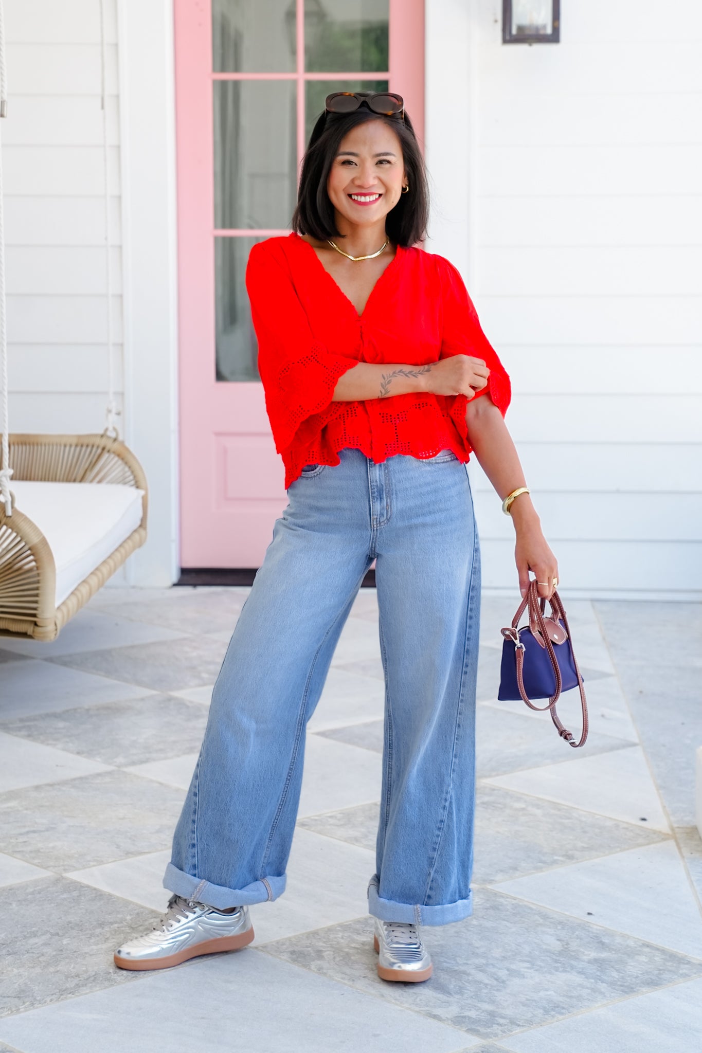 Floral Embroidery Short Sleeve Tie Front Top