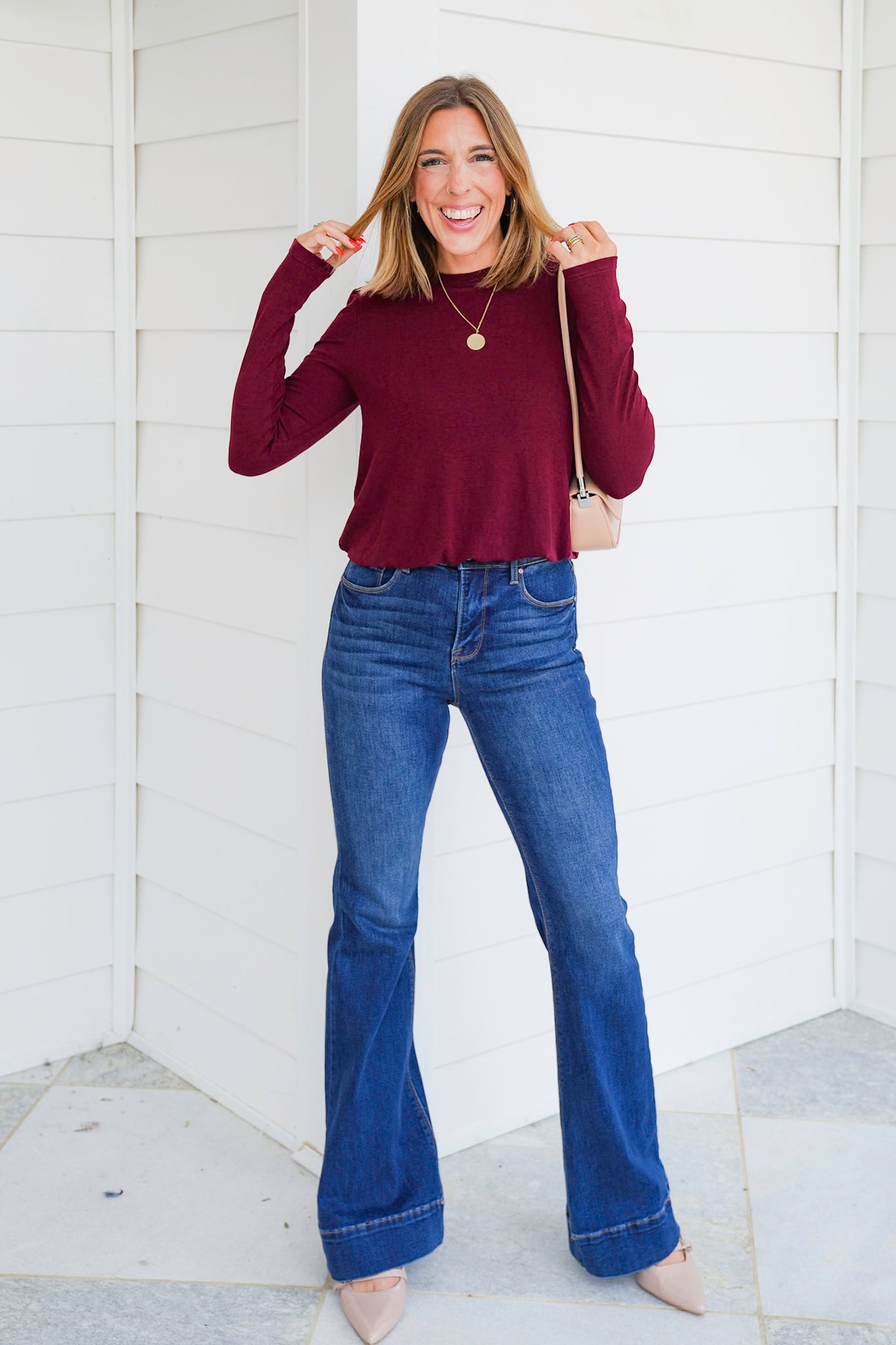 Solid Long Sleeve Top with Bubble Hem Detail