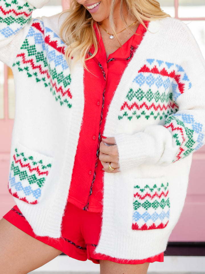 Knit Long Sleeve Faire Isle Pattern Cardigan - Freckled Poppy