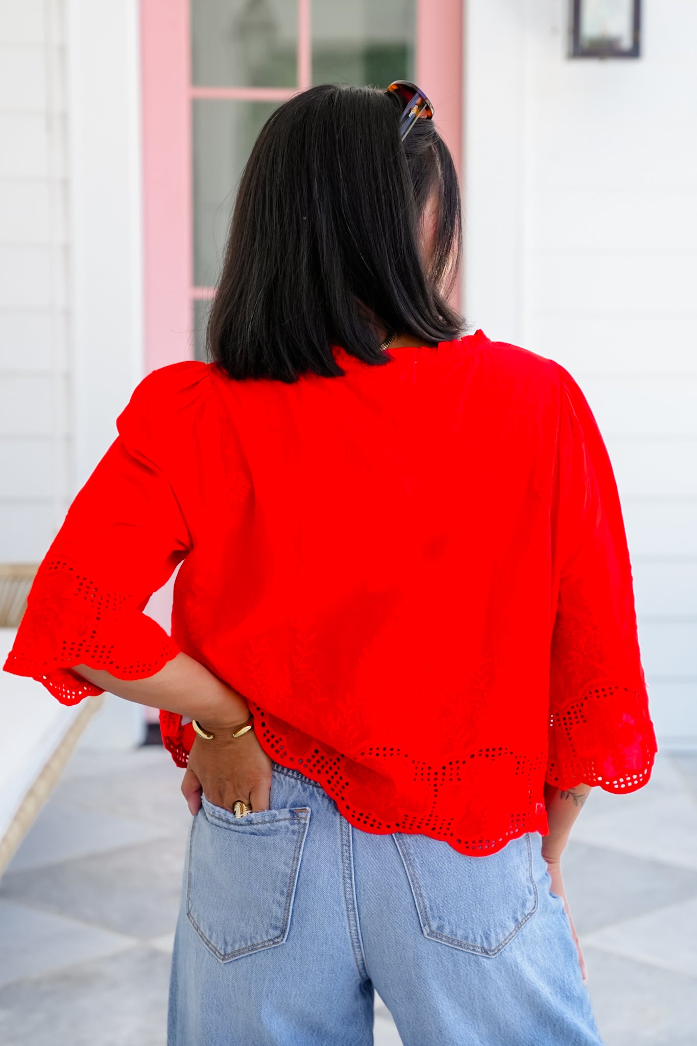 Floral Embroidery Short Sleeve Tie Front Top