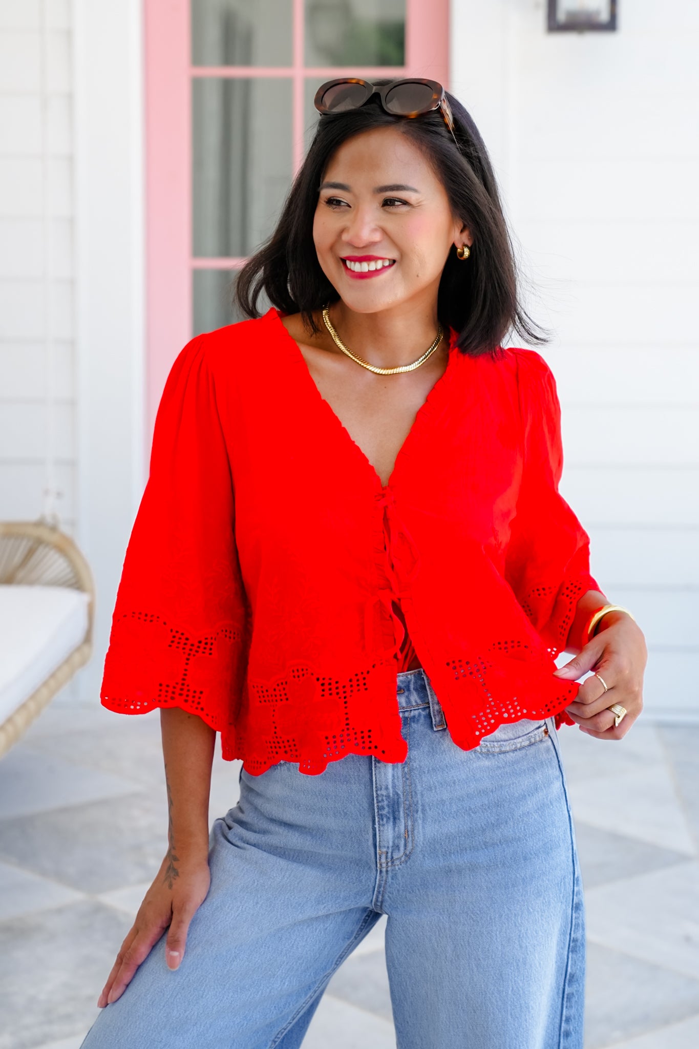 Floral Embroidery Short Sleeve Tie Front Top