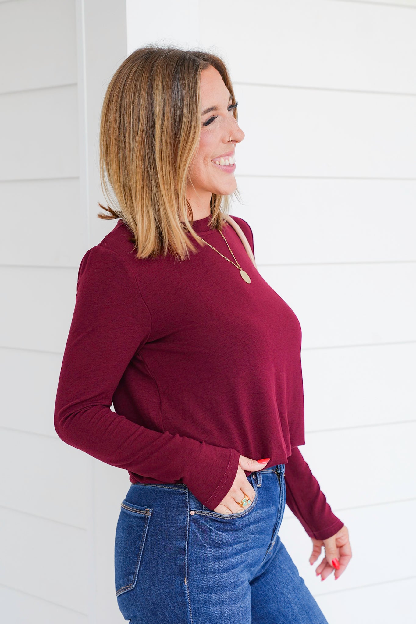 Solid Long Sleeve Top with Bubble Hem Detail