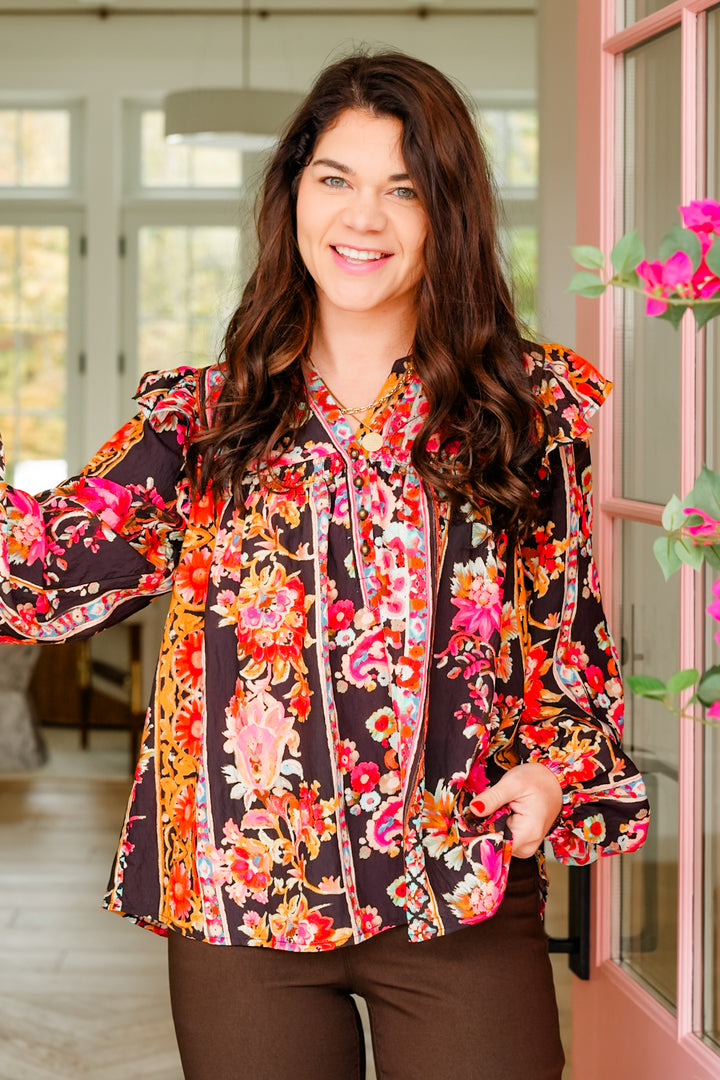 Plus/Reg Long Sleeve Floral Printed Blouse