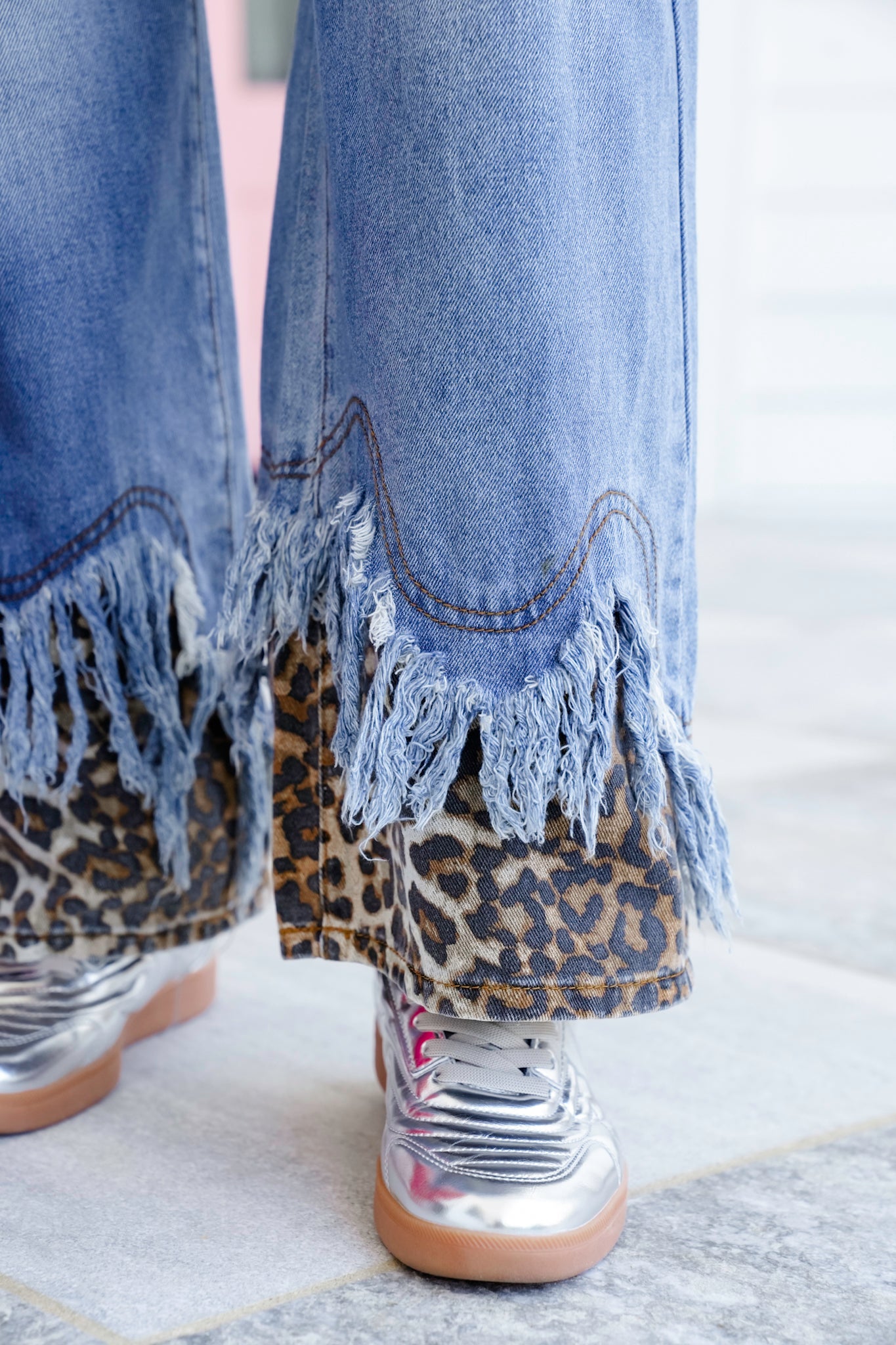 Double Waist Frayed Hem Jeans with Leopard Detail
