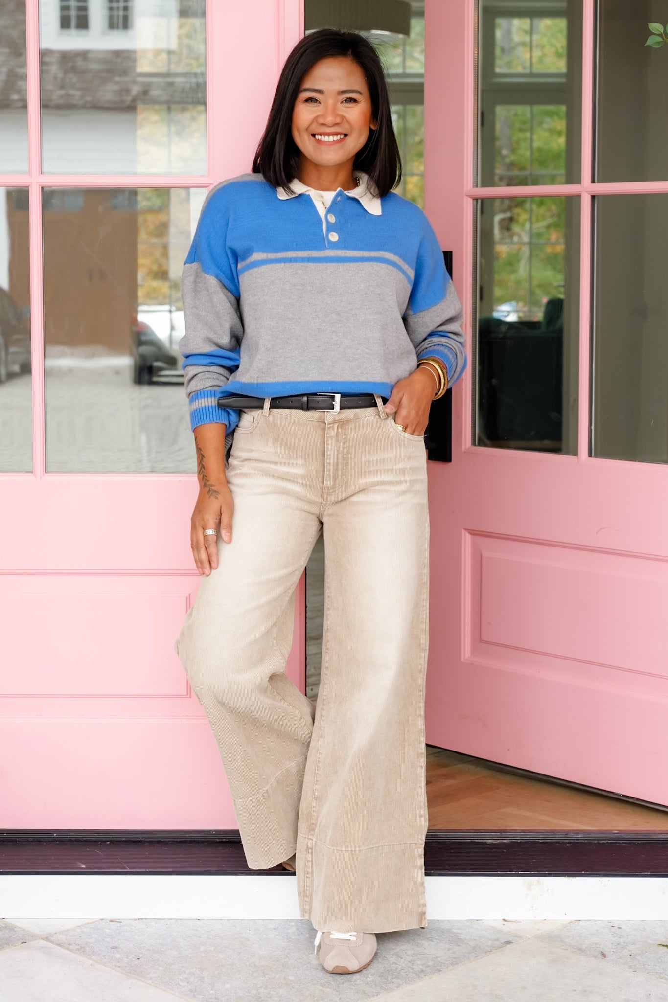 Stripe Long Sleeve Button Up Sweater with Collar