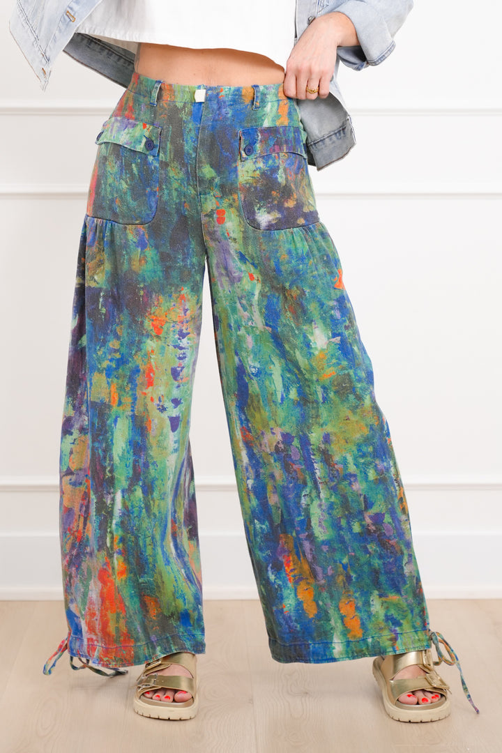 Plus/Reg Wash Painted High Waist Wide Leg Pants