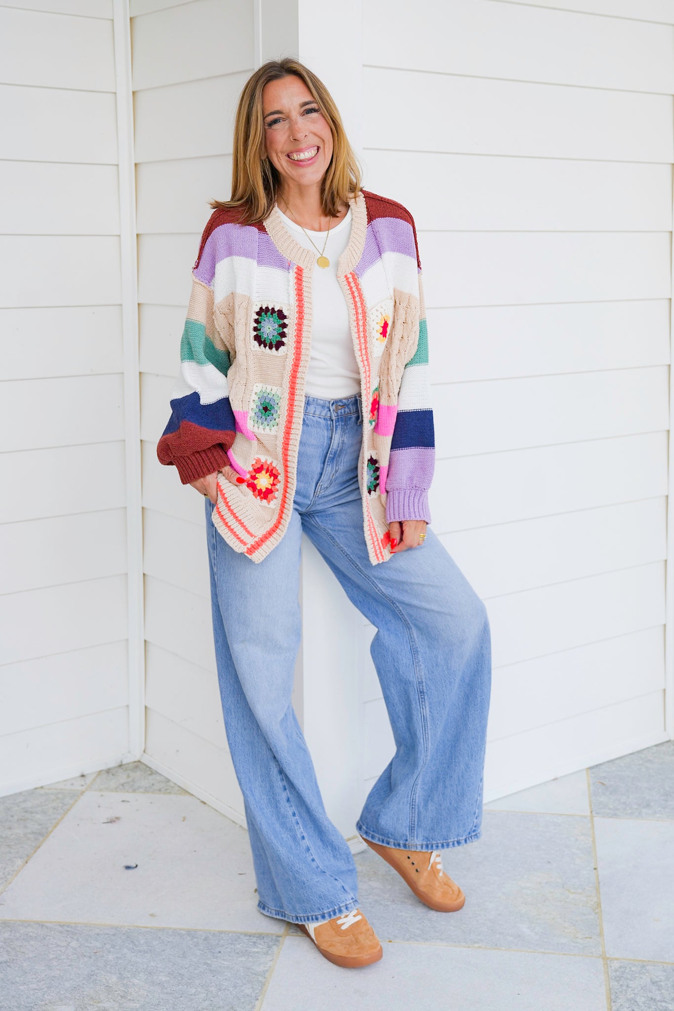 POL Stripe Long Sleeve Open Cardigan with Patch Detail