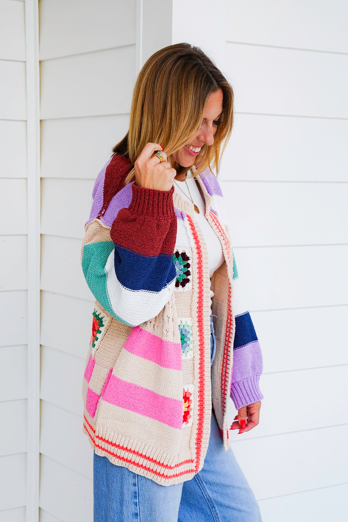 POL Stripe Long Sleeve Open Cardigan with Patch Detail