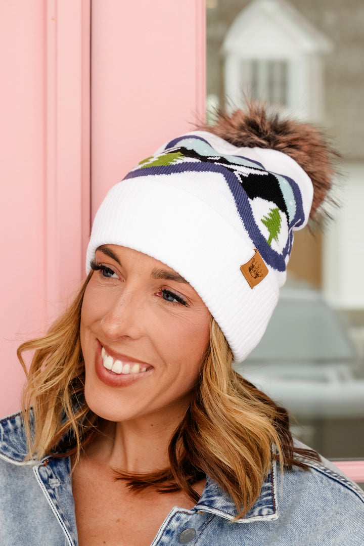 White & Blue Ski Goggle Pom Hat