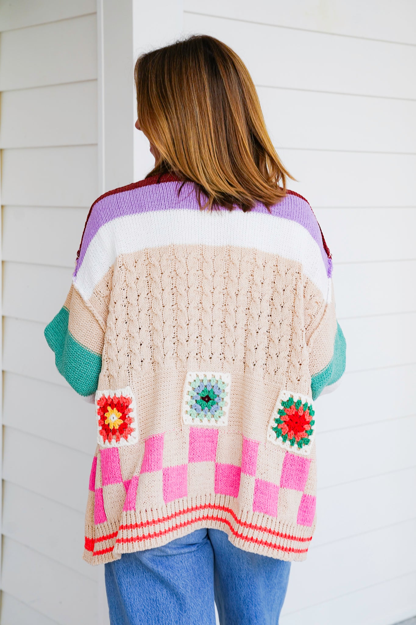 POL Stripe Long Sleeve Open Cardigan with Patch Detail