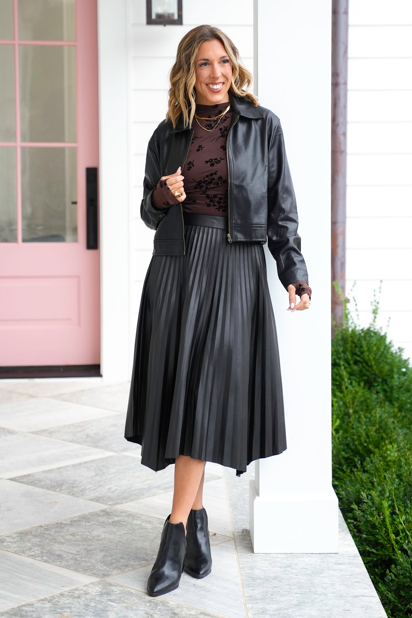 Vegan Leather Pleated Midi Skirt